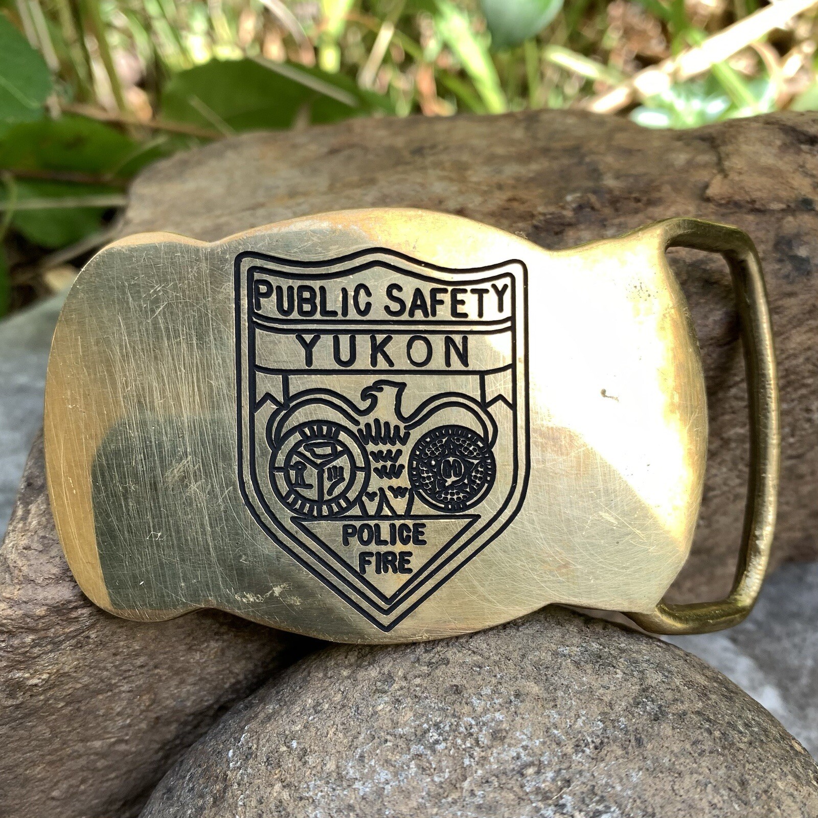 Vintage YUKON Public Safety Solid Brass Belt Buckle Police Fire Badge 2×3”