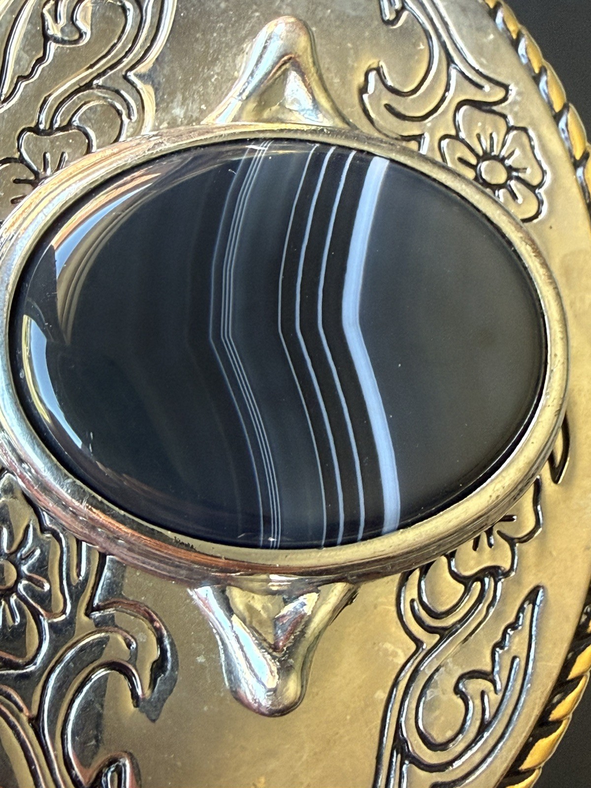 Black Banded Agate Western Belt Buckle Gold Rope Trim Floral Scroll