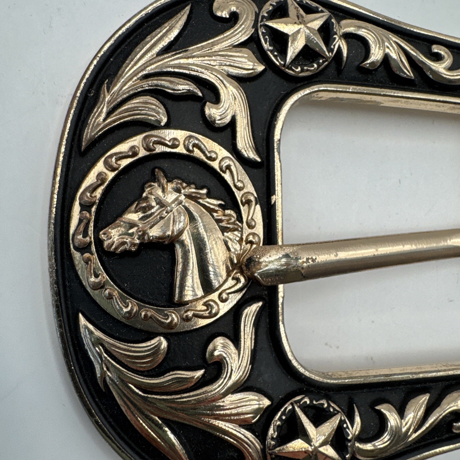 Western Belt Buckle Two Tone Gold Black Horse Stars Rodeo Wear
