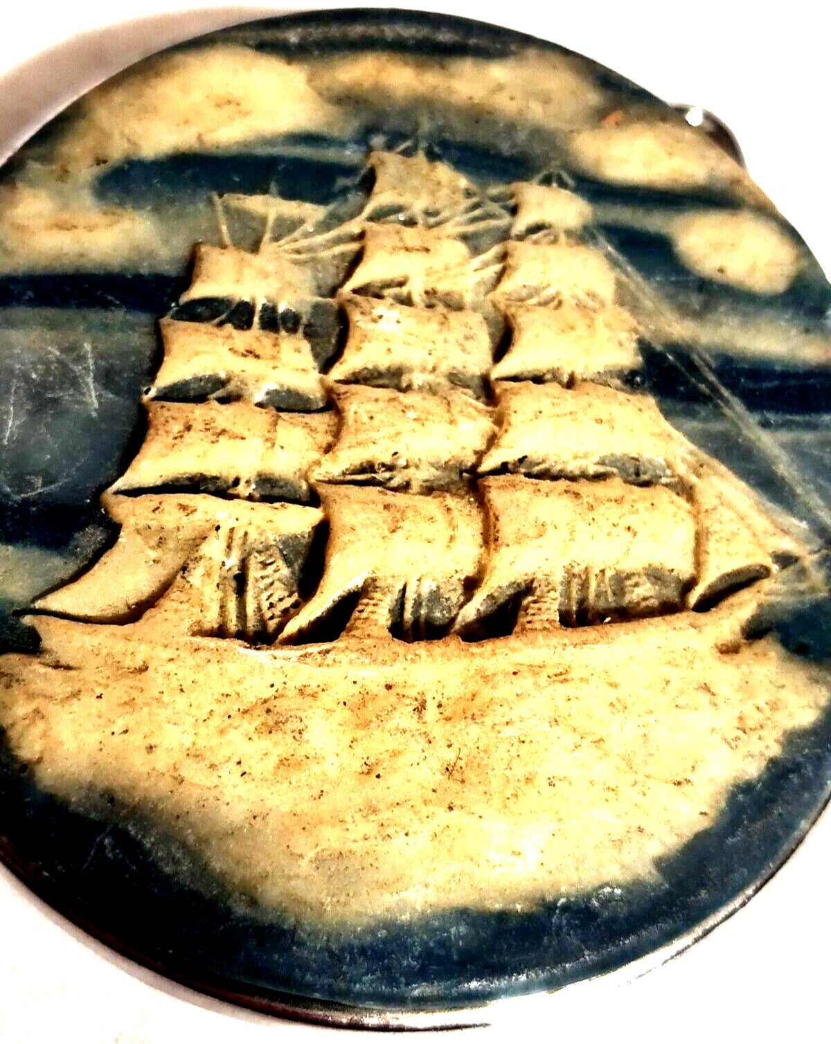 VTG Belt Buckle Blue & White 3-Masted Ship Cameo Carved H.J. Orbit Corp 1970&rsquo;s