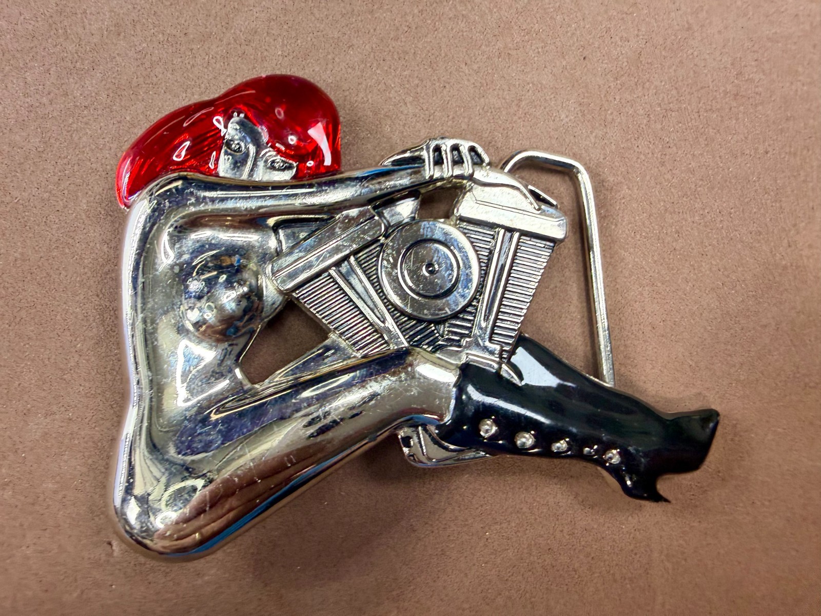 Woman Hugging V-Twin Engine with Red Enamel Hair Novelty Figural Belt Buckle