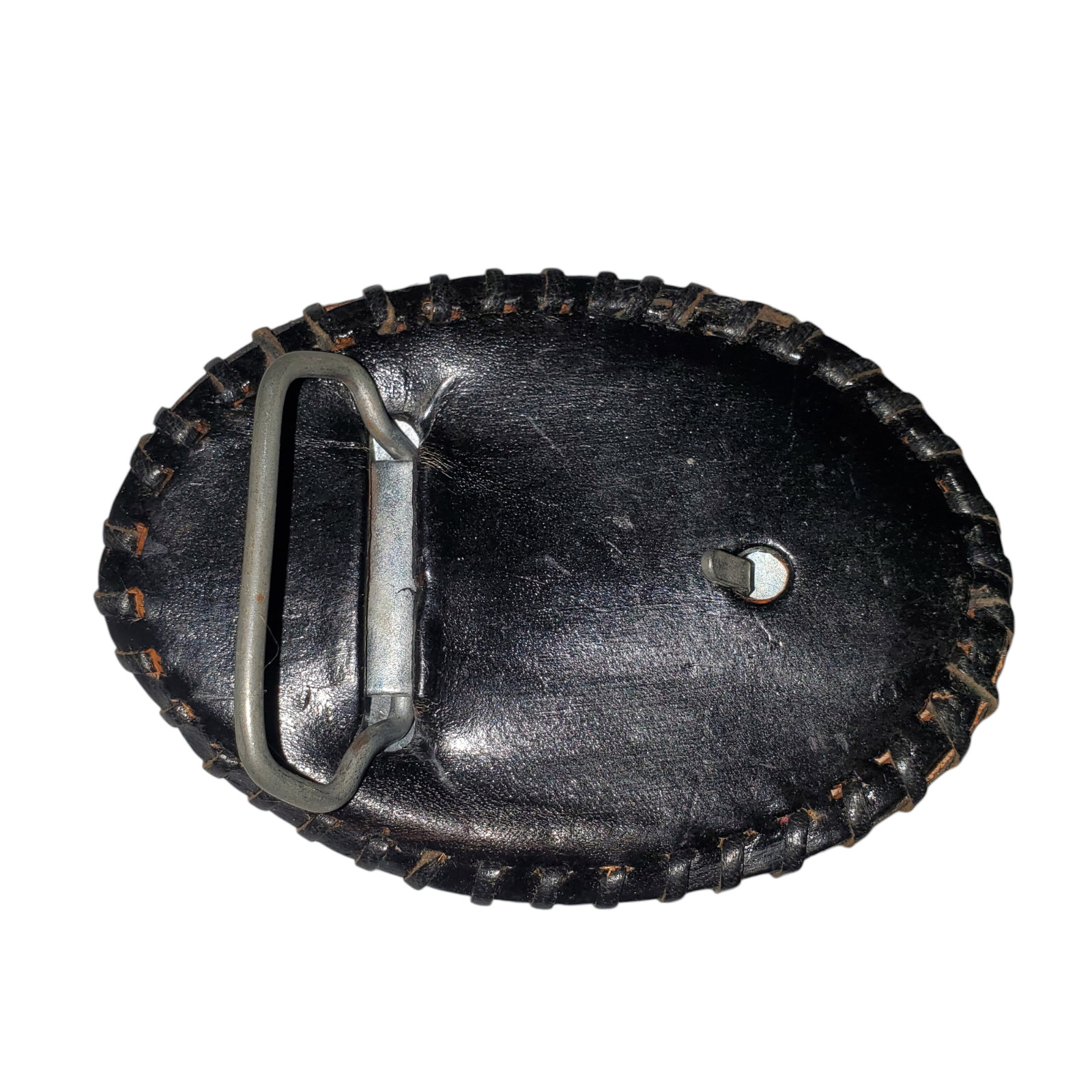 Black Leather Oval Belt Buckle Embossed Flaming Skull Goth Rockabilly Rock Punk