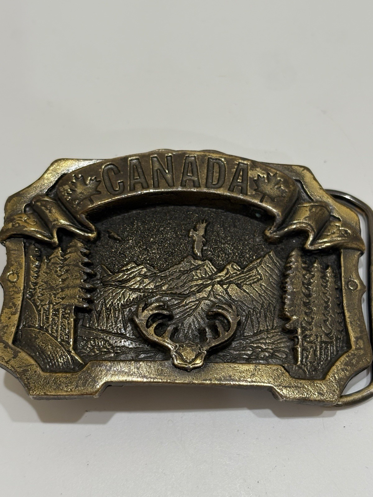 Vintage Canada Nature Scene Great American Buckle Brass Bronze Belt Buckle