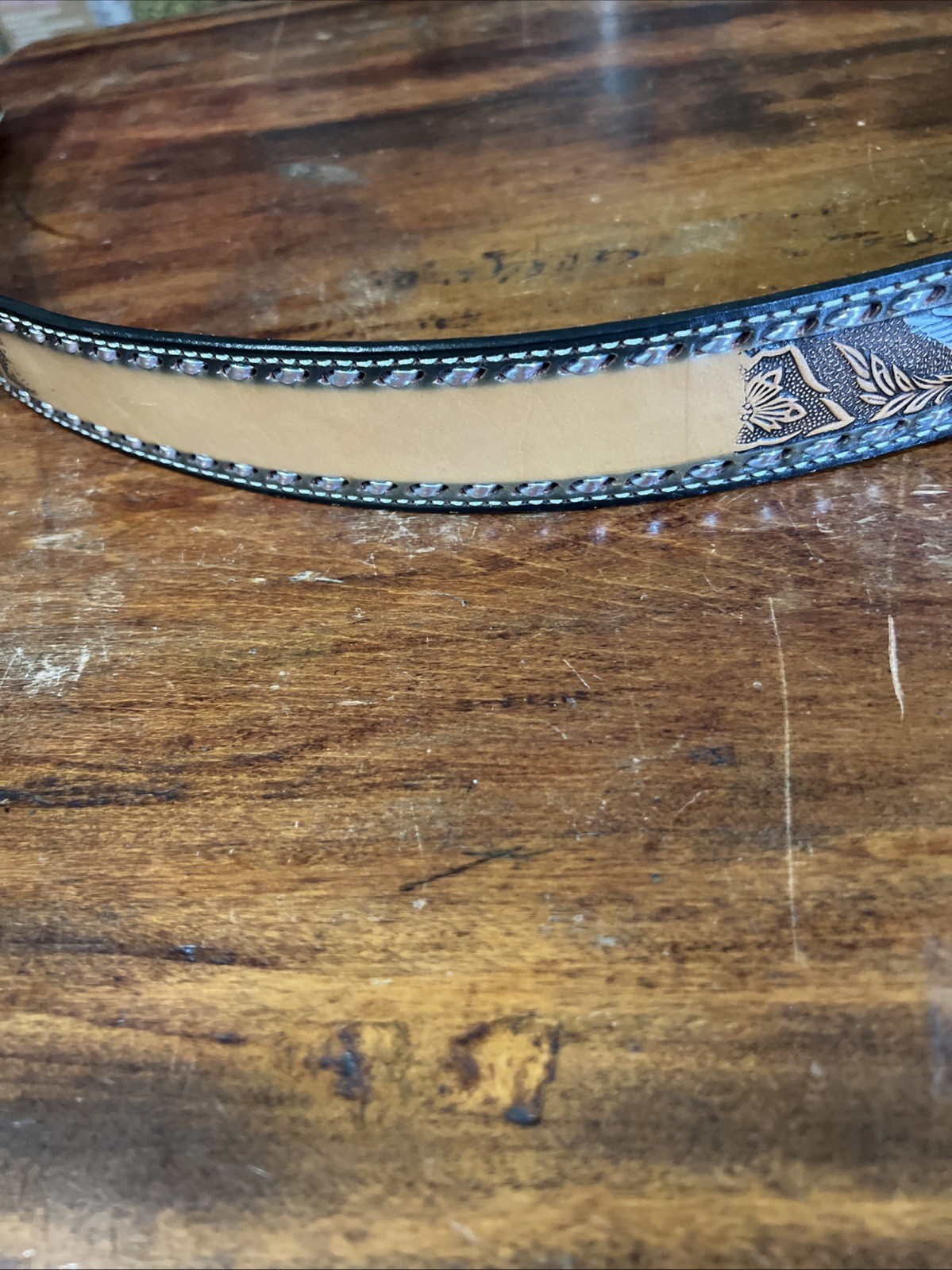 Handmade Patriotic Western Belt 30-Eagles-Brn/White-Blue-Stitches-Buckle-Leather