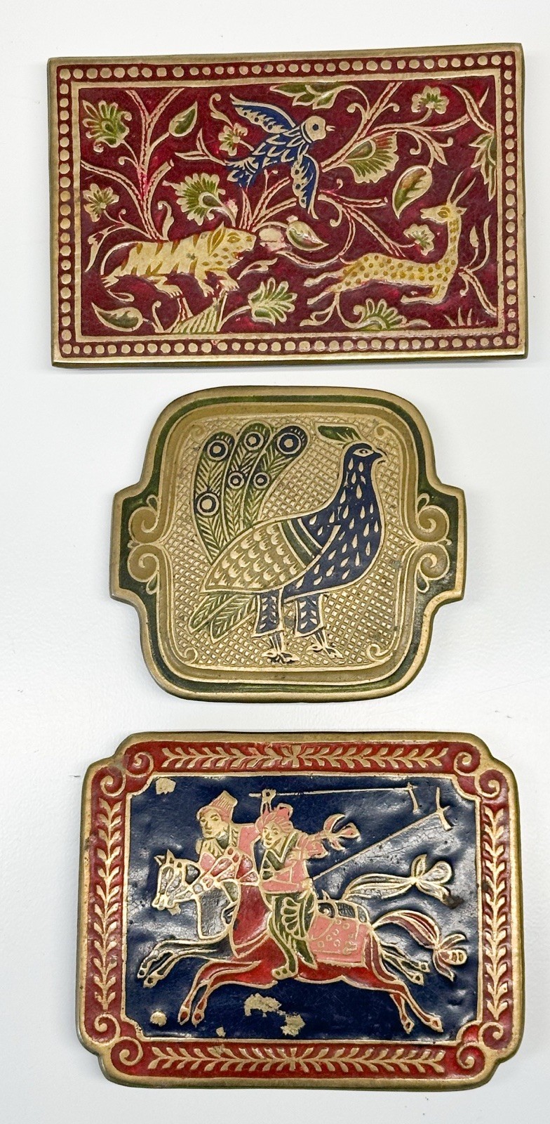 3 Handmade India Brass Belt Buckle Geometric Brutalist Cloisonné Enamel Vintage