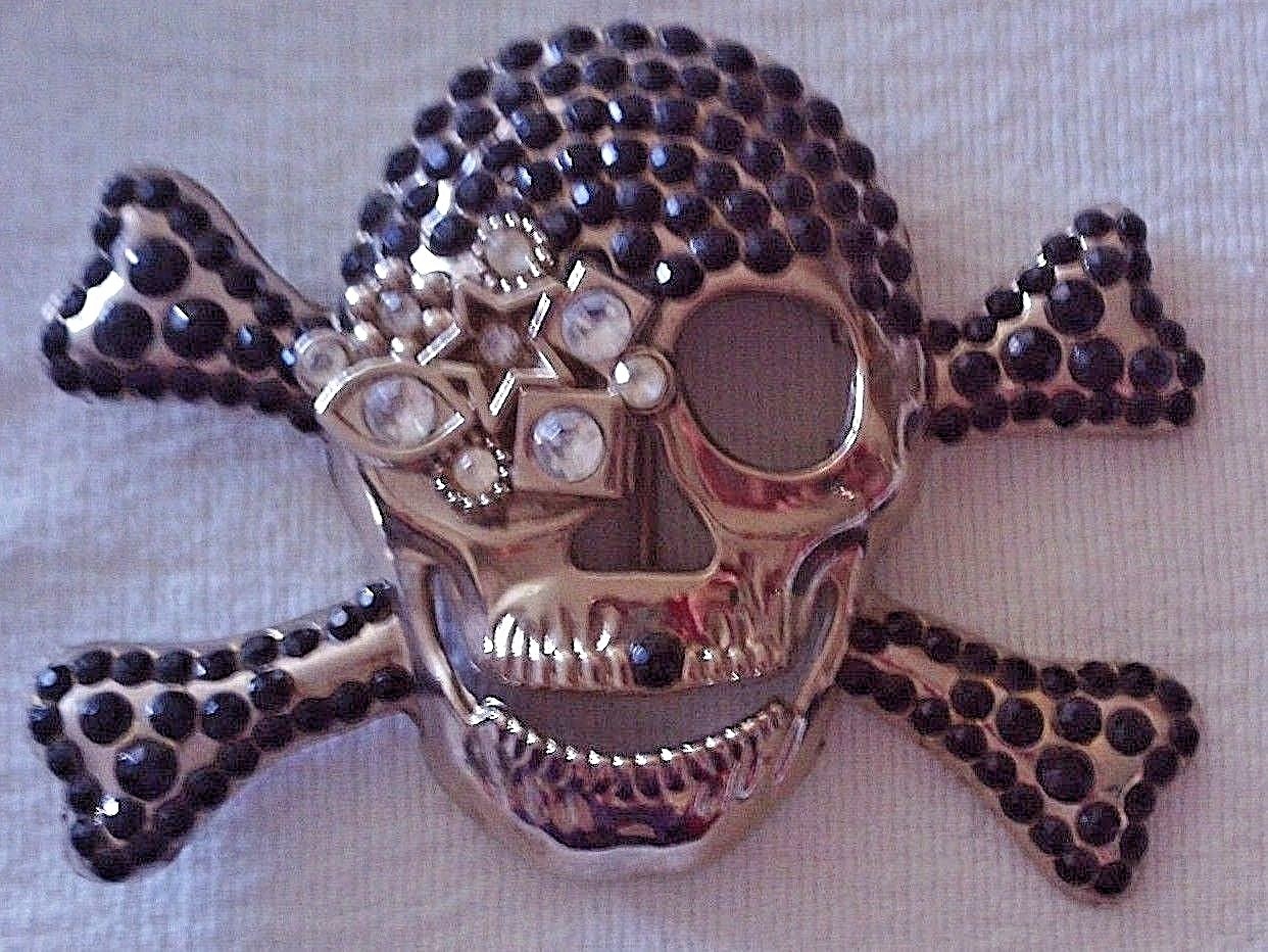 Belt Buckle – Skull & Crossbones – Silver with black & clear Rhinestone Bling