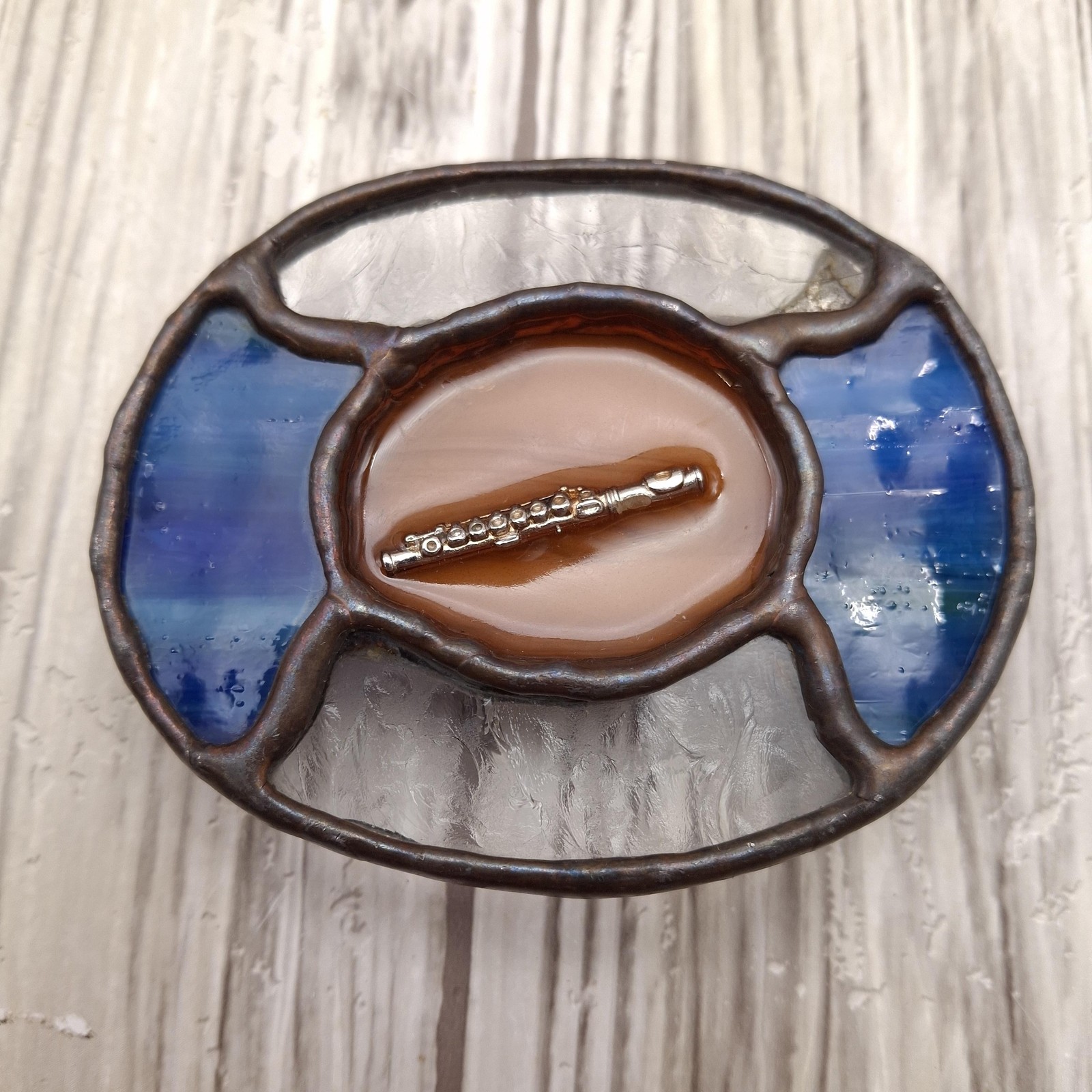 Vtg Stained Glass Flute Belt Buckle Handmade Copper Tone Blue Art Glass Artisan