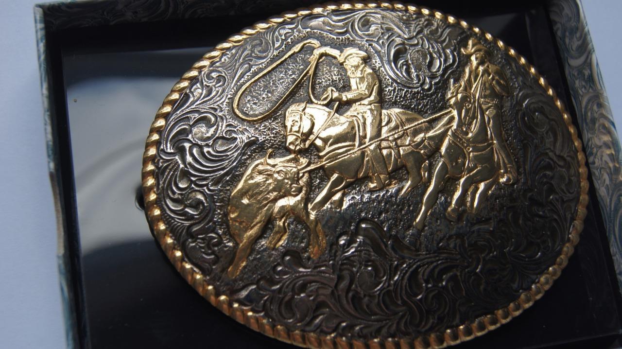 Crumrine TEAM ROPING Silver Belt Buckle M & F Western c02102
