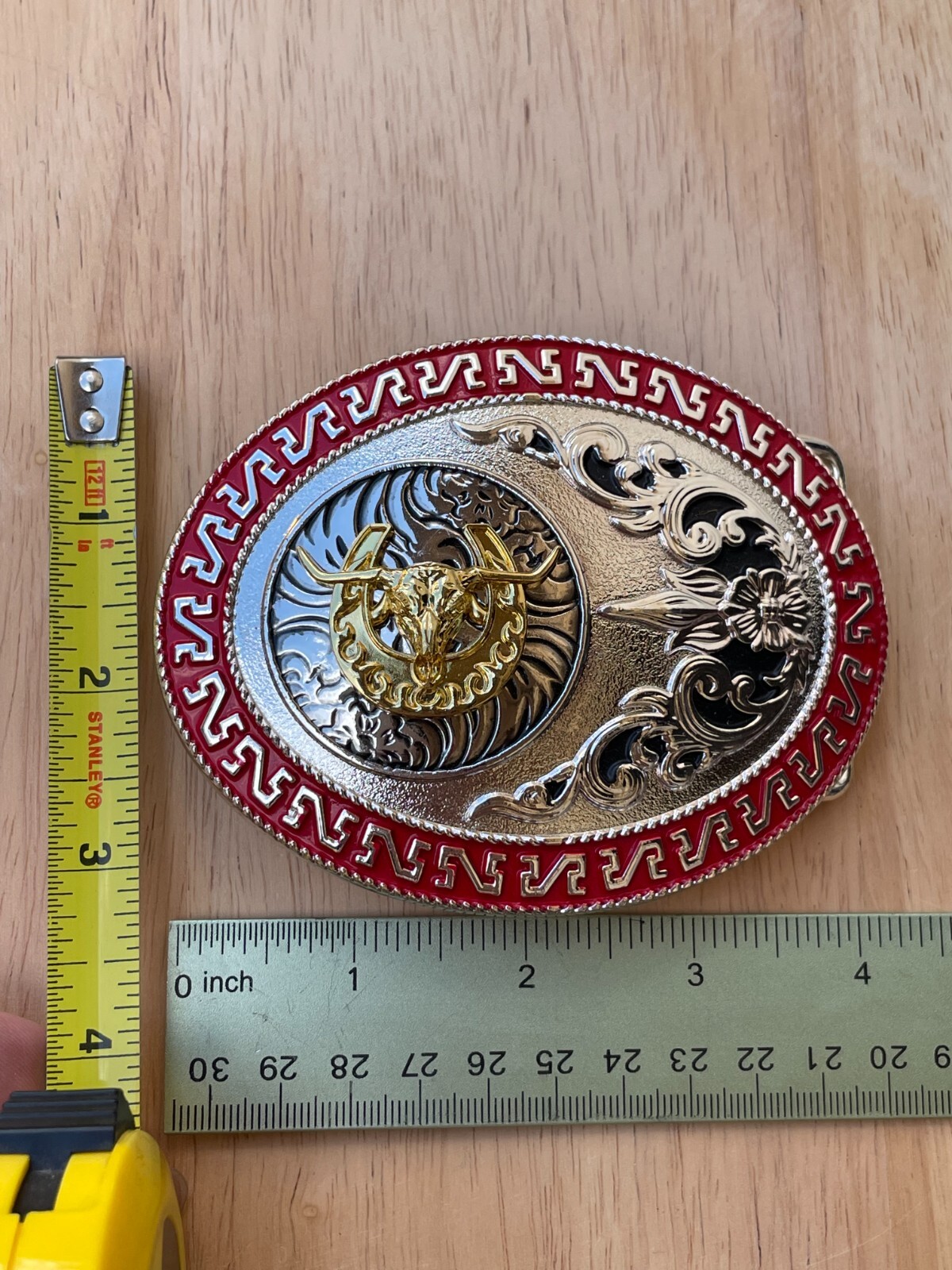 Western Buckle Gold Silver Red Longhorn Horseshoe Rodeo Bull Cowboy Fit 2 »