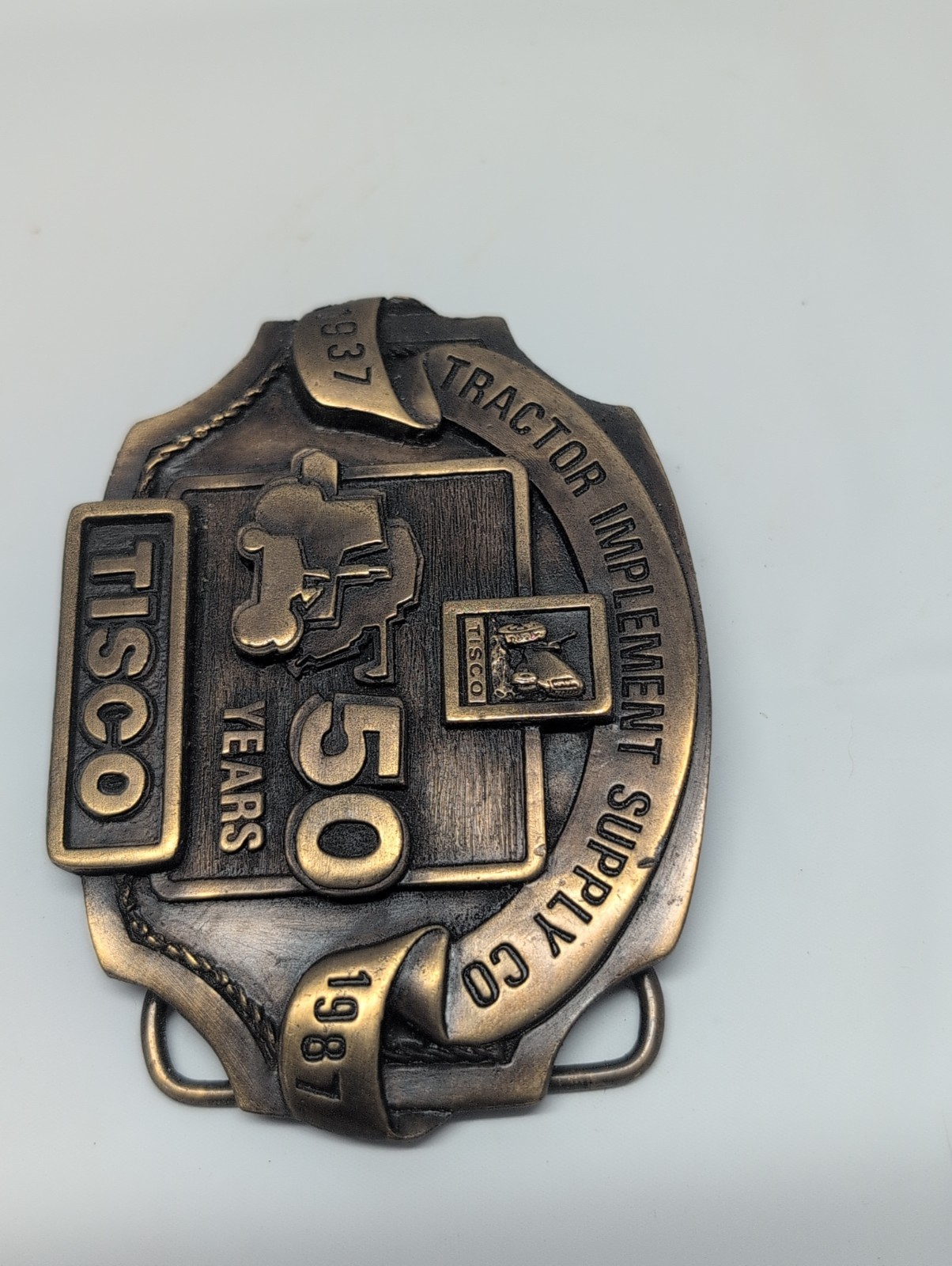 Tisco Tractor Implement Belt Buckle 50th Anniversary VTG 1937-1987 Cast Brass