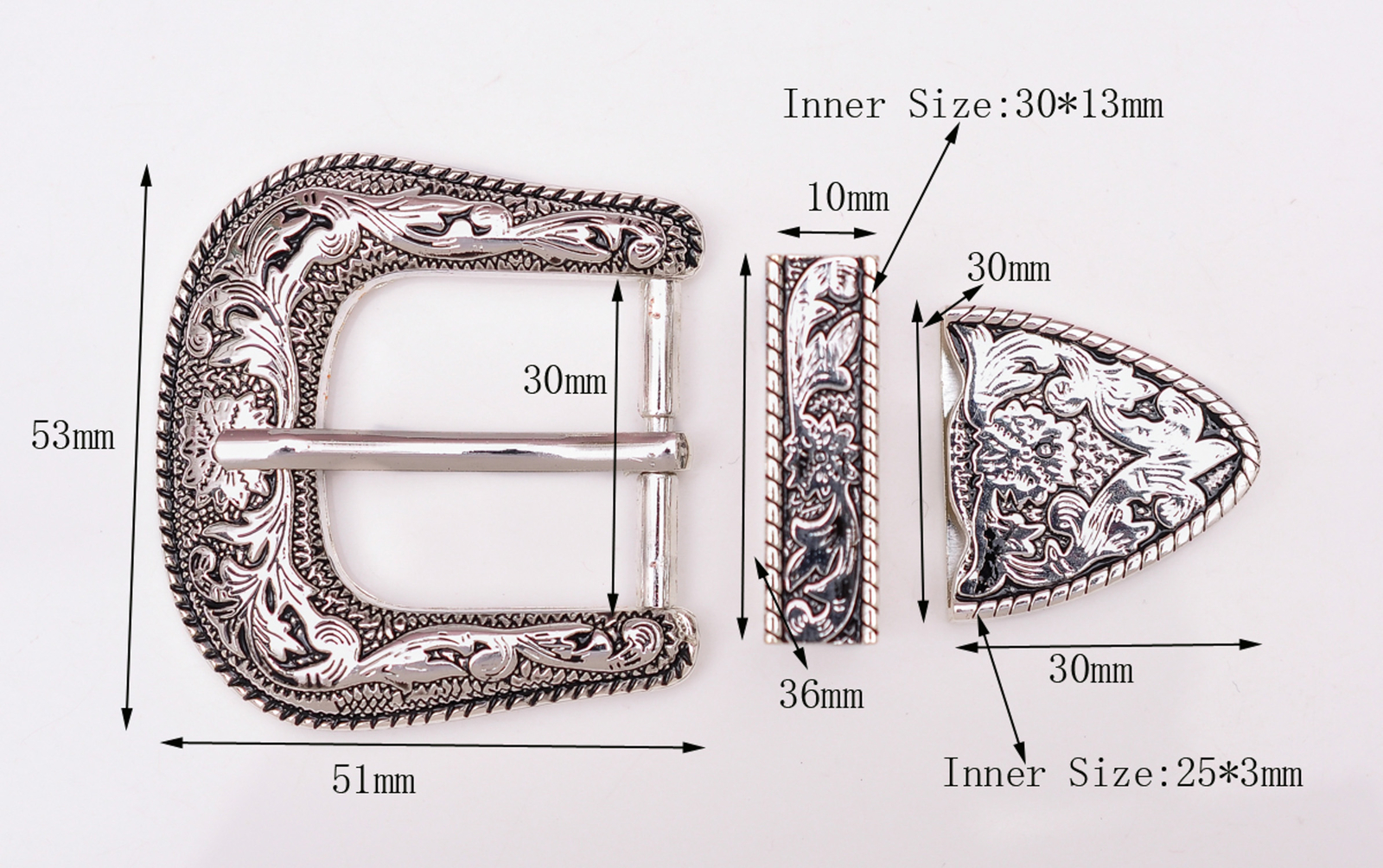Antique Silver 2-Tone Floral Engraved Belt Pin Buckle Set Fit 30mm Wide Straps