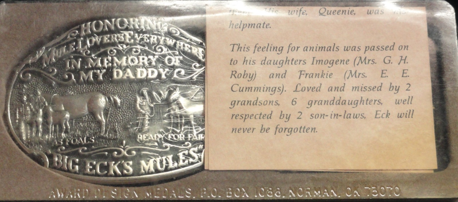 1981 BIG ECK&rsquo;S MULES Sterling Silver Belt Buckle IN MEMORY OF MY DADDY -must see