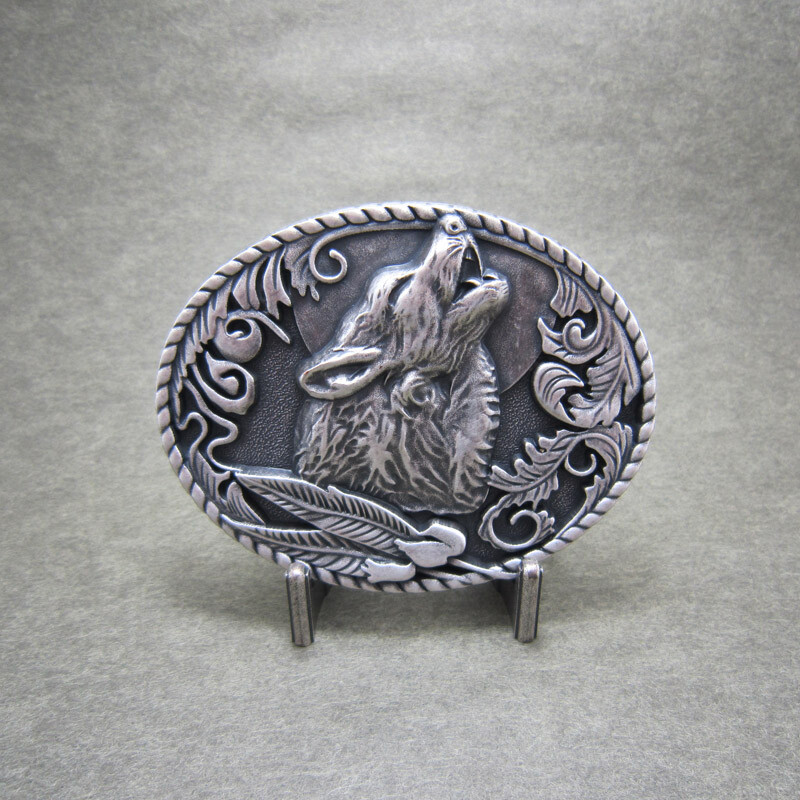 Vintage Silver Plated Western Shout Wolf Oval Belt Buckle also Stock in US
