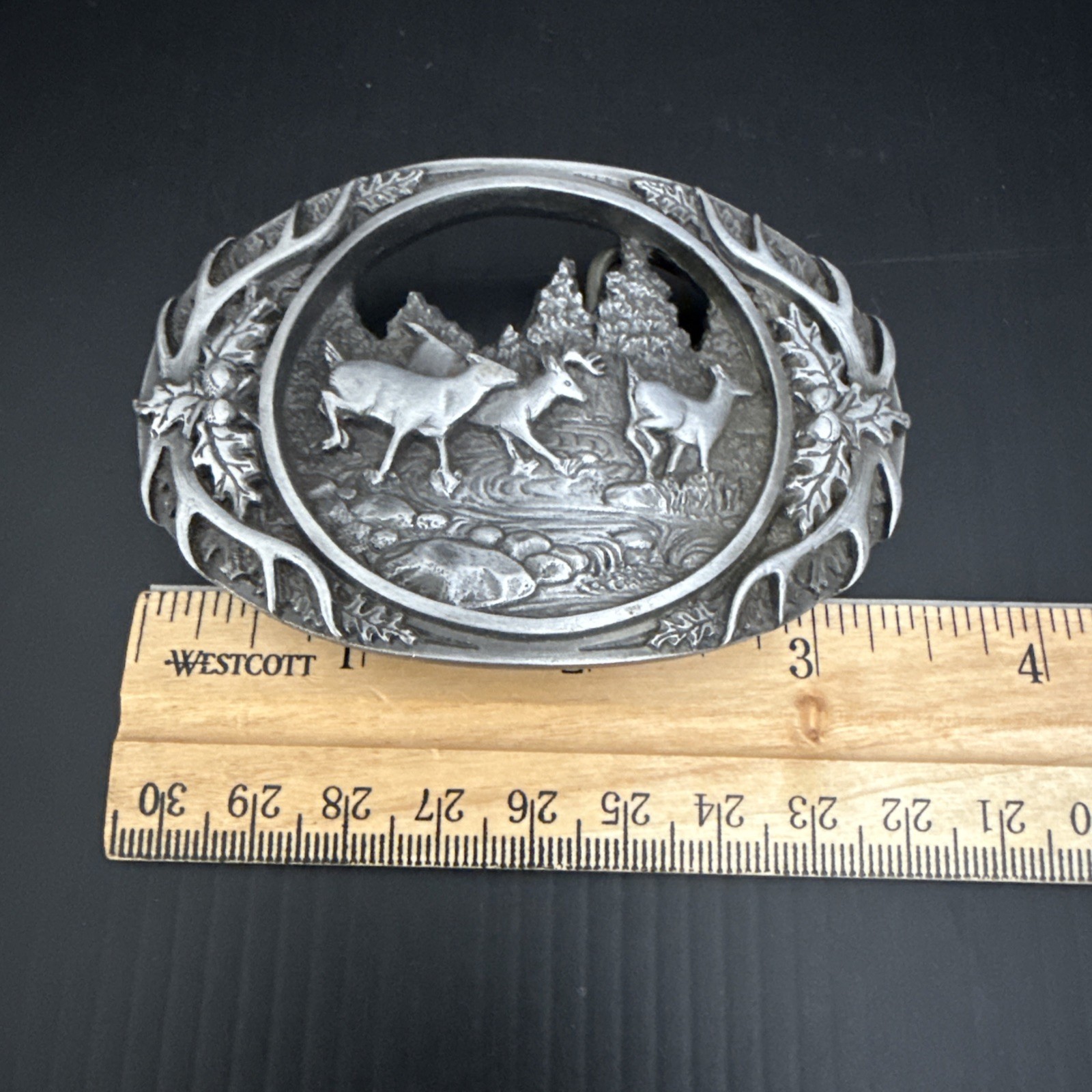 NICE PEWTER 1990 C + J INC DEER SCENE AND ANTLER BELT BUCKLE MADE IN USA