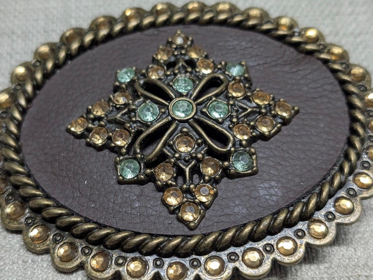vintage RHINESTONE belt buckle STUDDED leather BRASS western cowboy