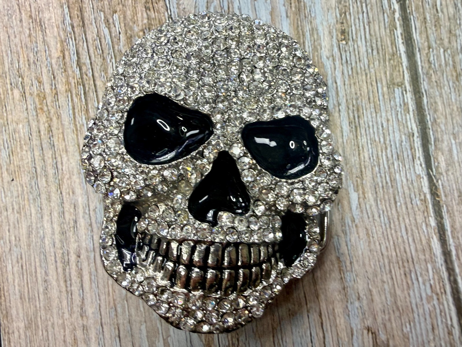 Creepy Skull Grinning Teeth Black Enamel Clear Rhinestone Covered Belt Buckle