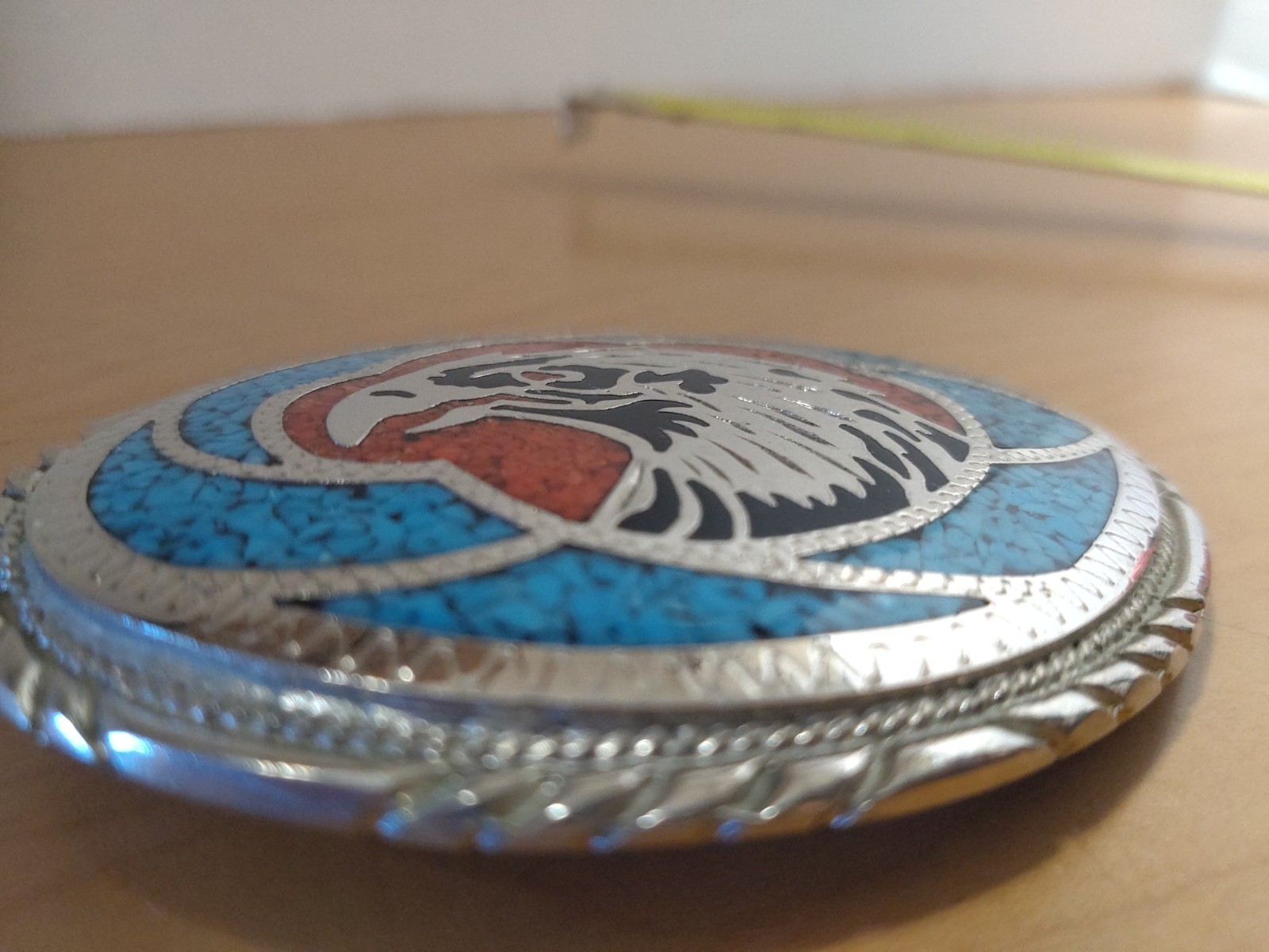 SOUTHWESTERN NATIVE AMERICAN WESTERN SS CORAL TURQUOISE EAGLE BELT BUCKLE