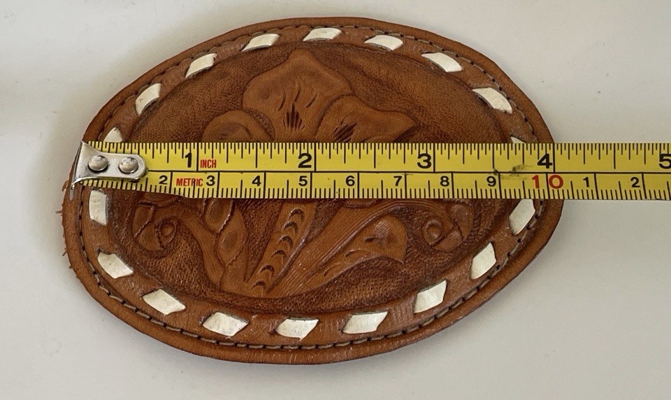 Oval Genuine Floral Leather Belt Buckle Multi-Colored Tan Brown White