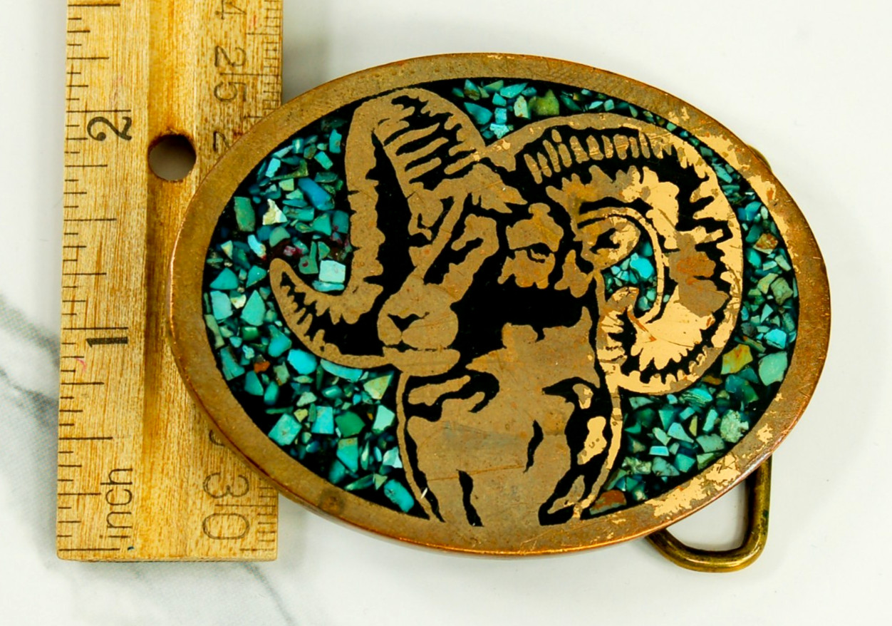 Bighorn Ram brass western belt buckle turquoise inlay vintage Harmony Metal