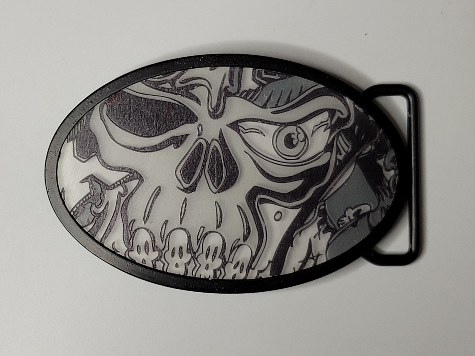 Skull Face Grim Reaper 4&Prime; BELT BUCKLE Oval Black Gray, Fly Fresh
