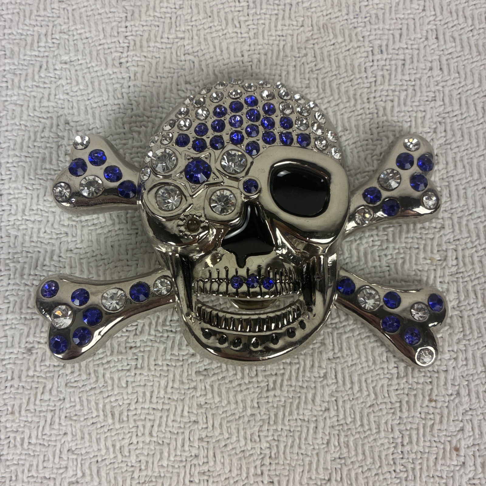 Belt Buckle Skull With Crossbones Blue Clear Rhinestones New No Tags