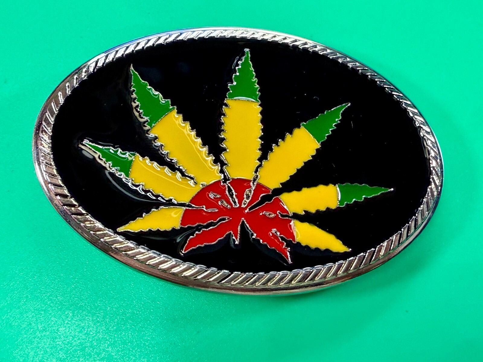 Marijuana Cannabis Pot Leaf Weed Enameled Rasta Colors New 4&Prime; Wide Belt Buckle