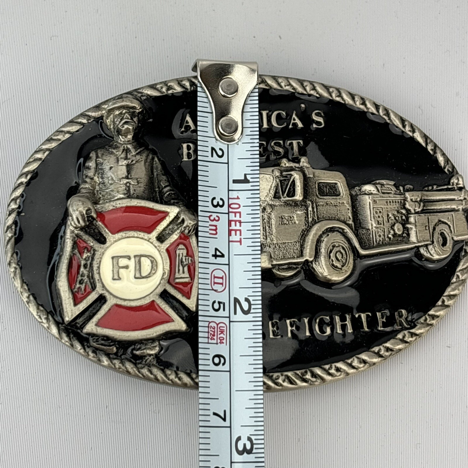 AMERICA&rsquo;S BRAVEST FIRE FIGHTER Belt Buckle 1986 FD Fire Truck Black Red Enamel