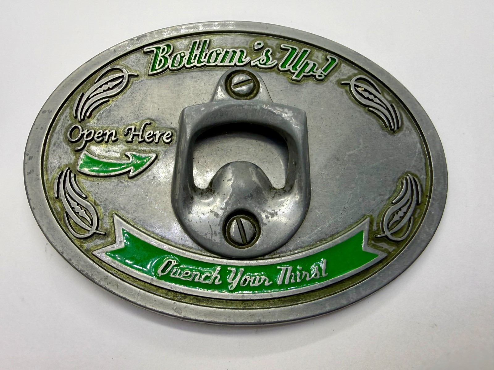Bottom&rsquo;s Up! Open Here Quench Your Thirst Belt Buckle with Bottle Opener