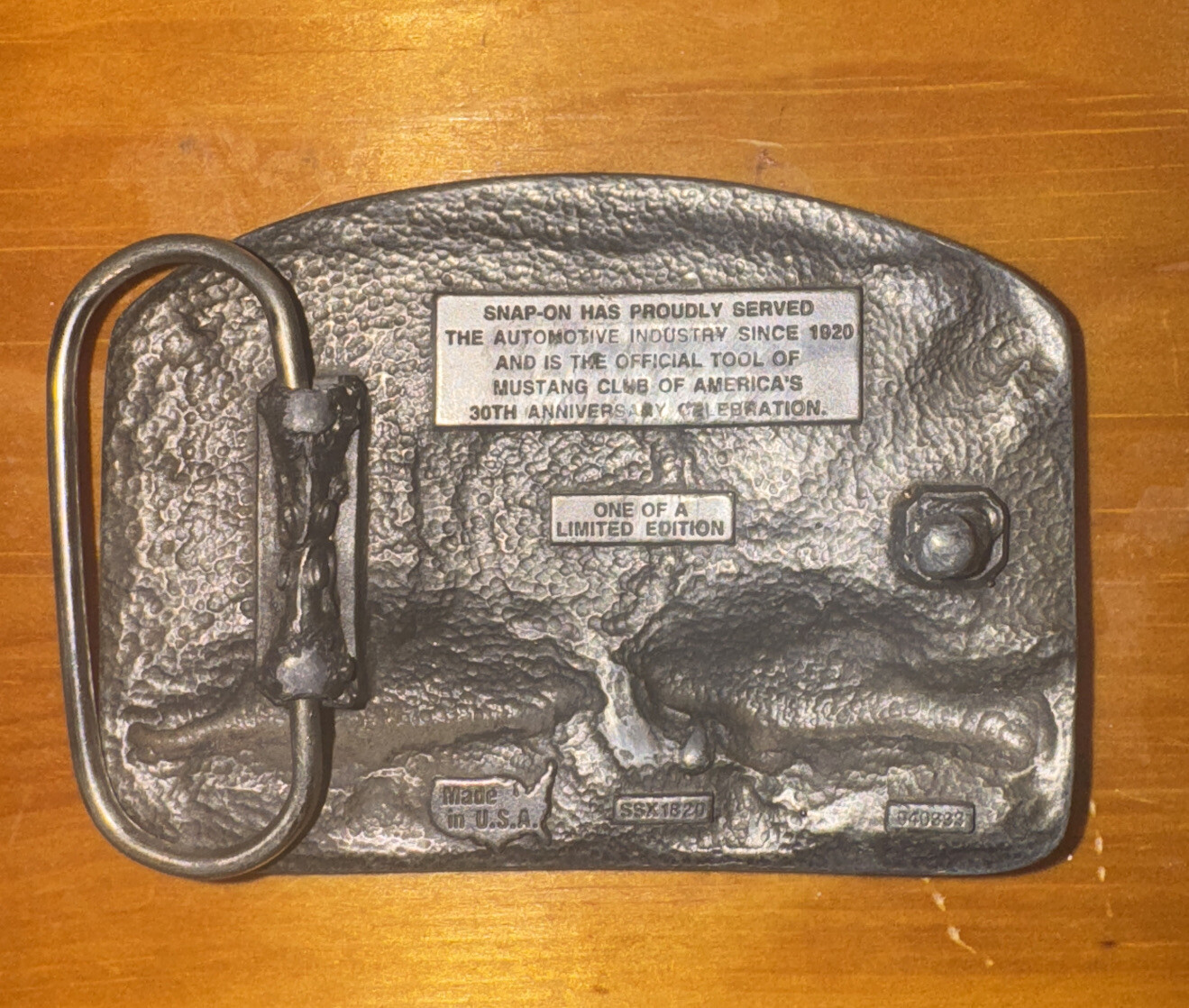 1990s Snap On Pewter Belt Buckle Commemorative 30 Year Ford Mustang SSX1820 USA