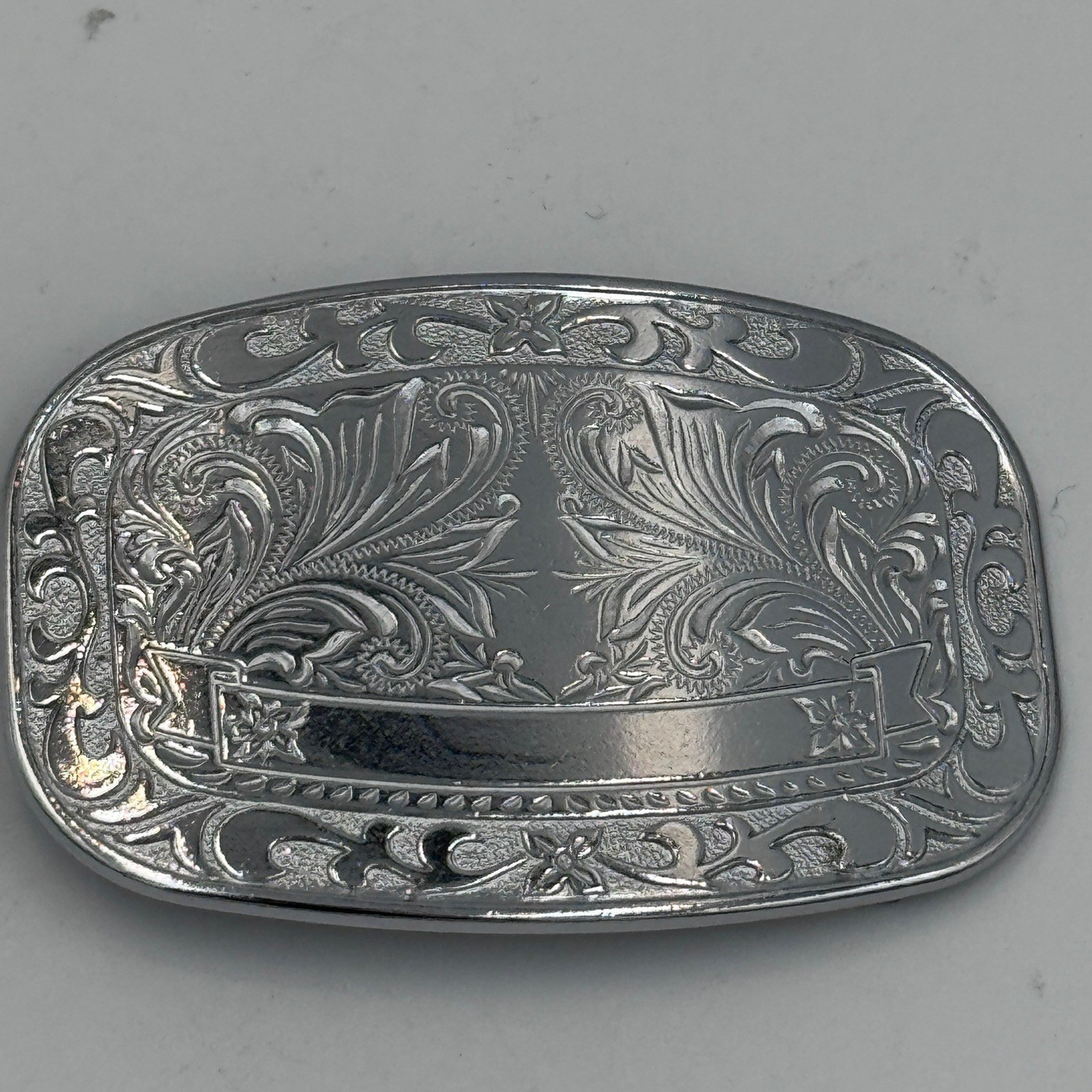 Western Floral Engraved Silver Tone Oval Belt Buckle Cowboy Scrollwork Design