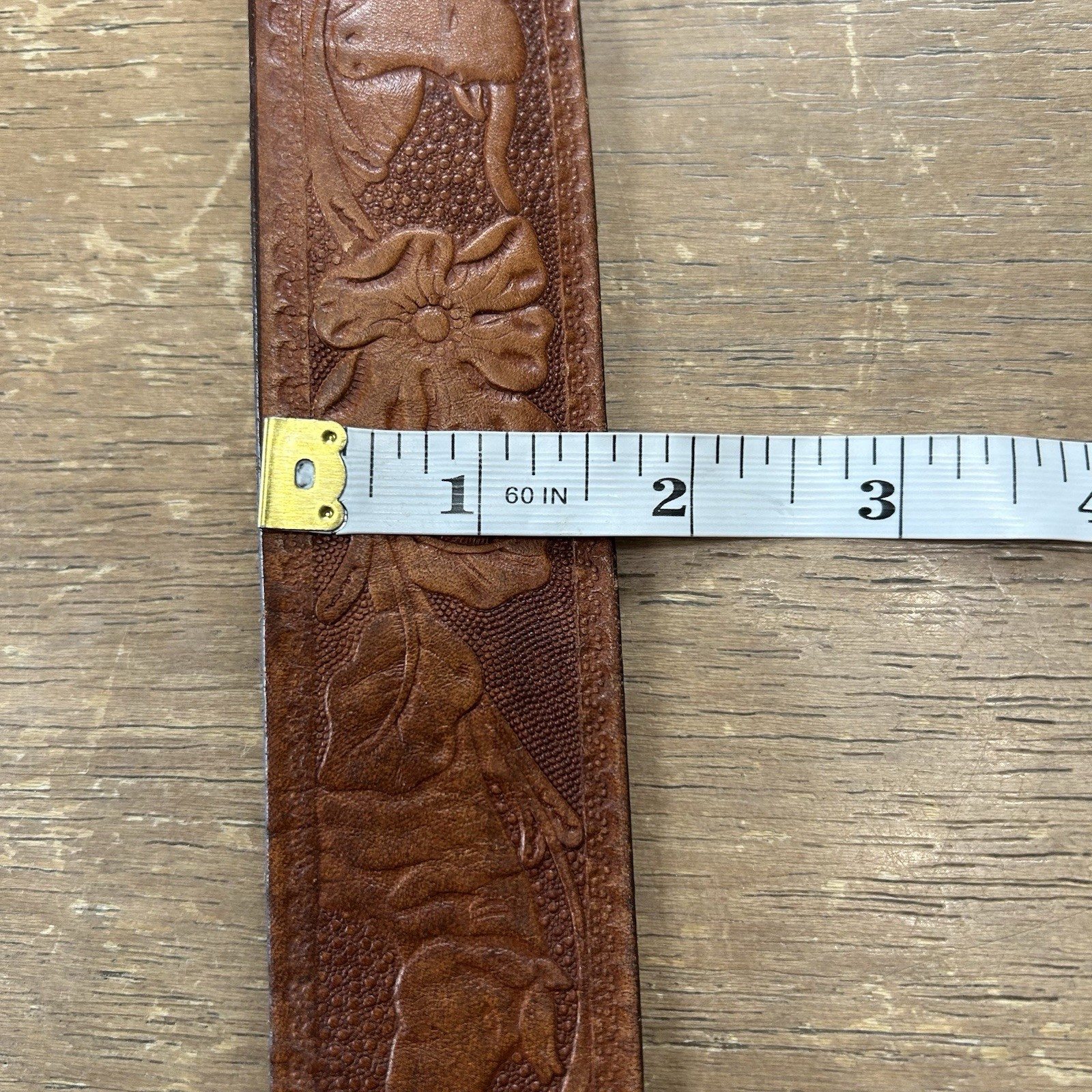 Brass Moose Belt Buckle w/Hand Tooled Brown Leather Western Wear Belt Size 40