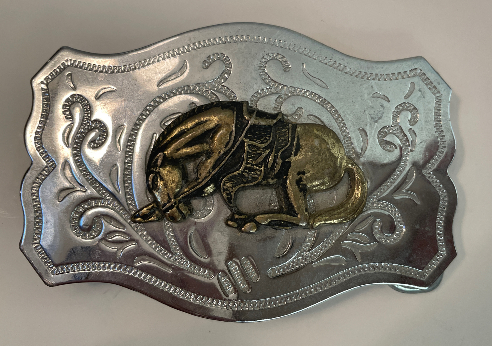 Vintage Western Style Chrome Belt Buckle Brass Bucking Bronco Horse HONG KONG