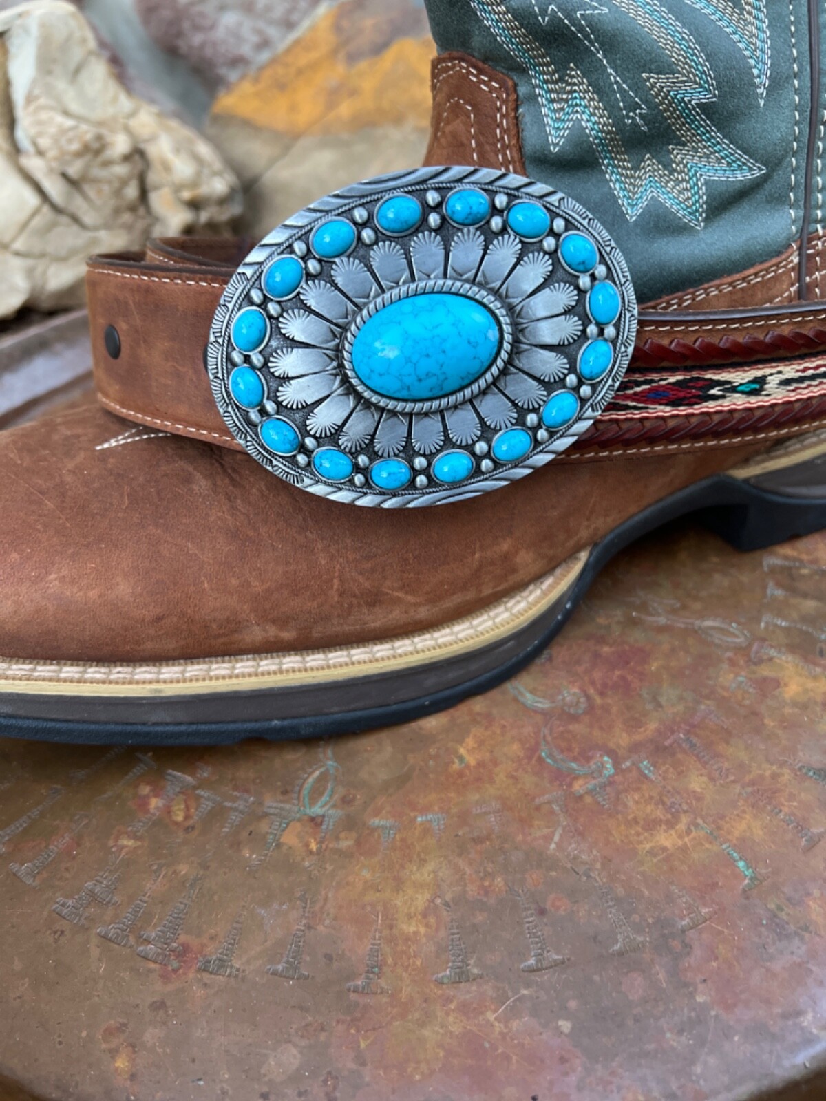TURQUOISE CONCHO Cowboy WESTERN SILVER BELT CHRISTMAS GIFT BUCKLE Southwest
