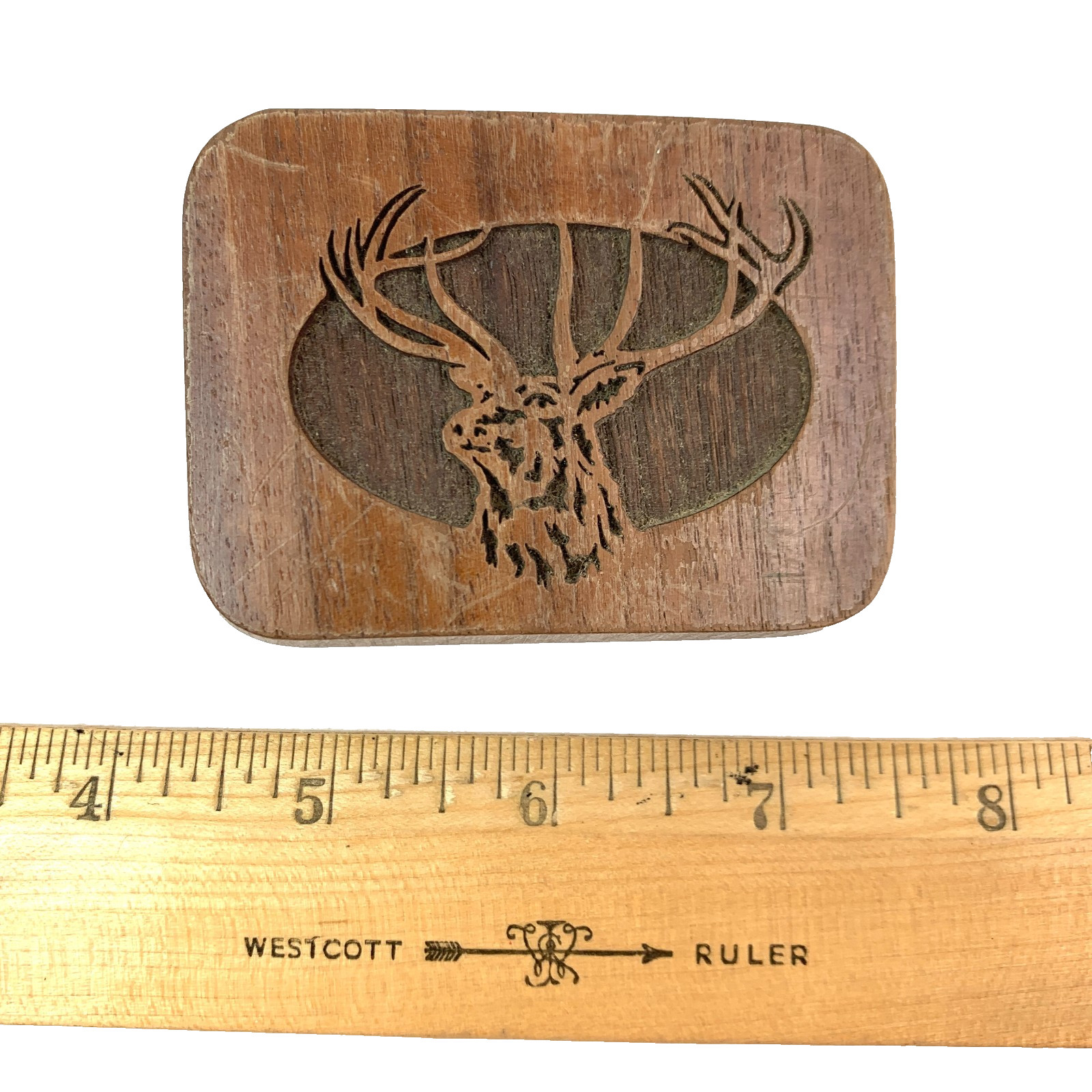 Vintage Lasercraft Elk Stag 1977 Etched Wooden Belt Buckle