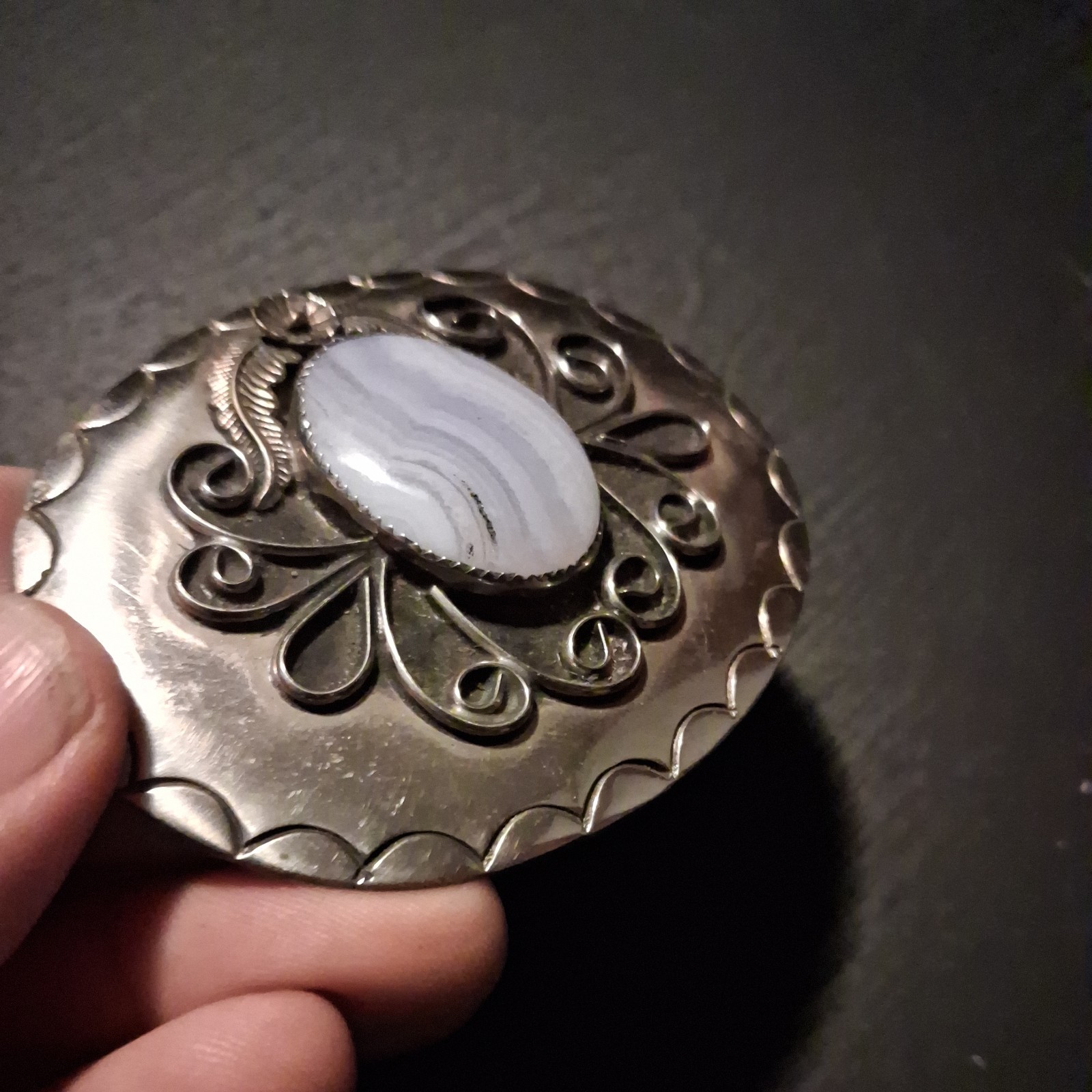 Vintage silver toned Belt Buckle with Cream Colored Stone nice rare