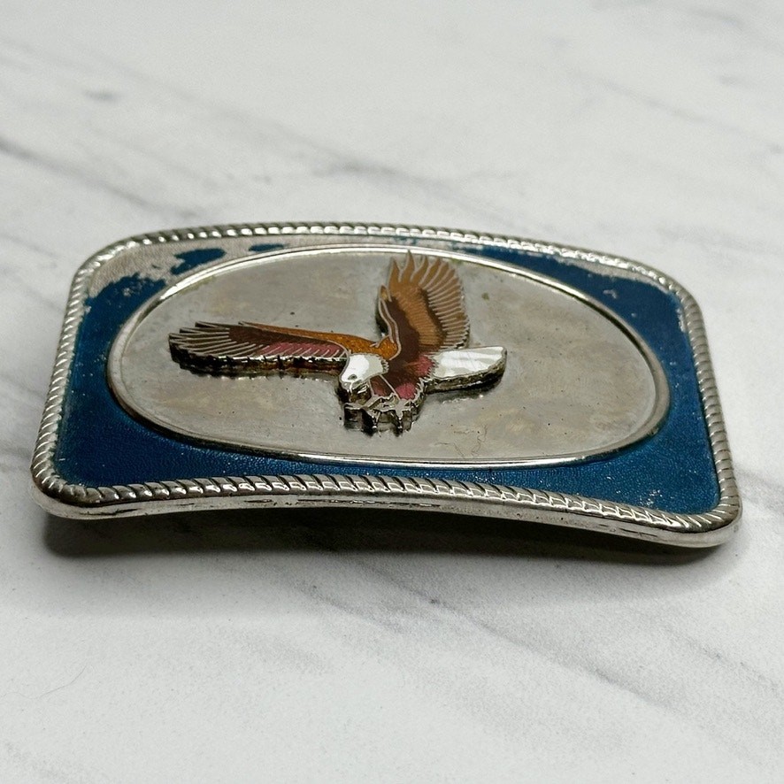 Vintage Flying Eagle Belt Buckle Blue Silver Tone 3.54&Prime; Western Patriotic