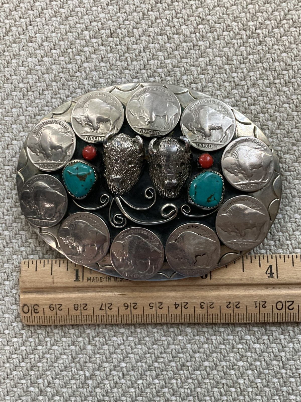 Vintage Belt Buckle, Double Buffalo, 10 Nickel, Turquoise Coral USA Southwestern