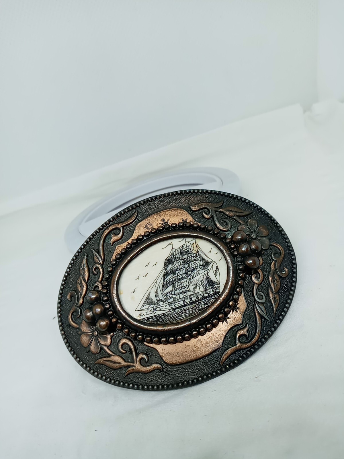 Vtg. 1970s Sailing Ship Belt Buckle W Birds. Brass Plated Metal. Ornate Edges.