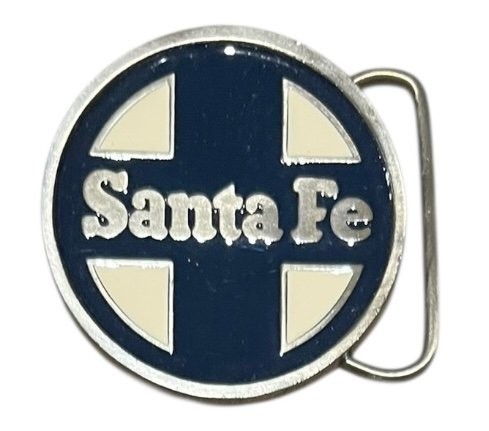 Santa Fe Railway Belt Buckle 2.5&Prime; Round Silver Navy Cream Enamel Train Logo