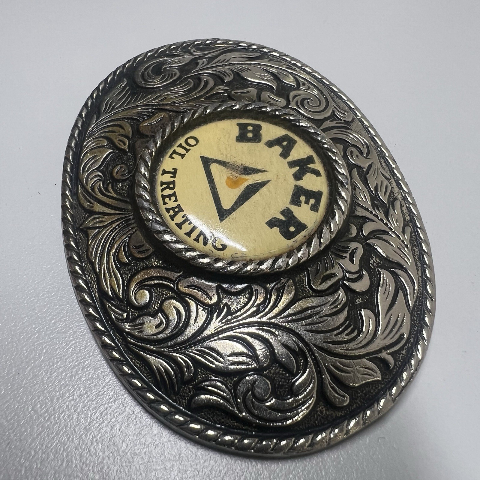 Baker Oil Treating Belt Buckle Vintage Western Floral Oval Silver Tone