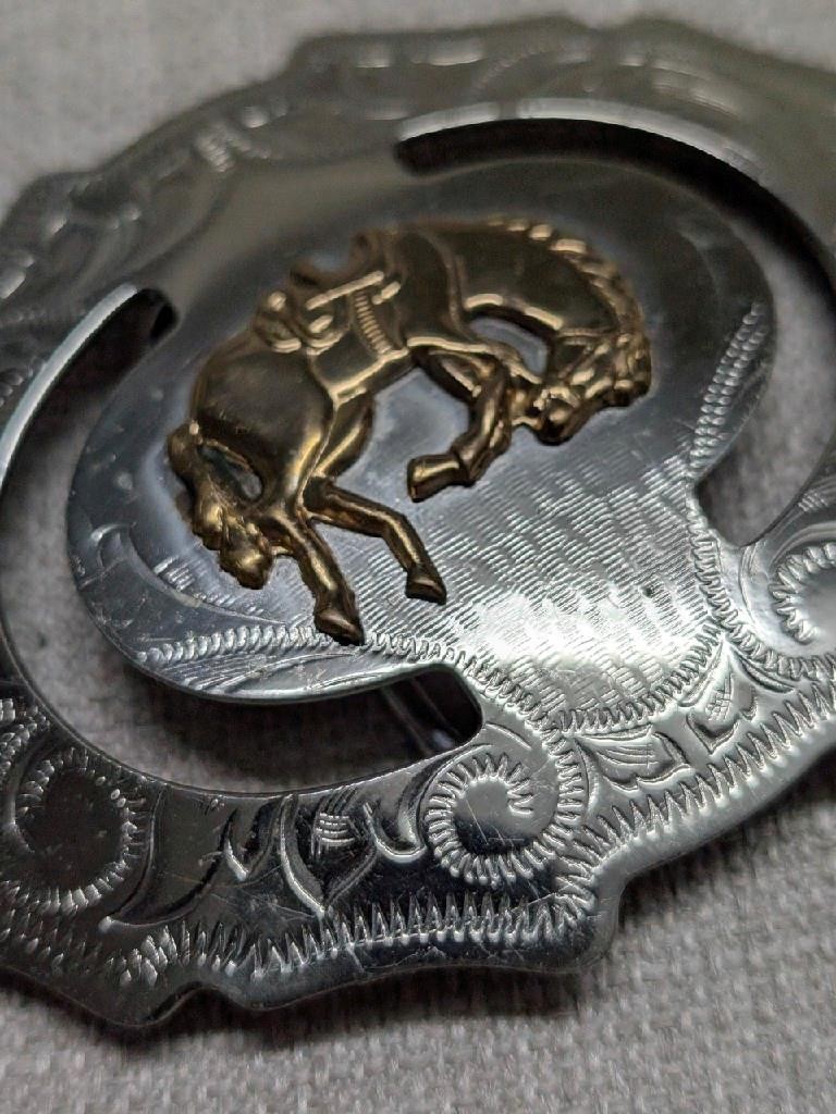 vintage USA made MILLER belt buckle NICKEL SILVER western RODEO cowboy horse