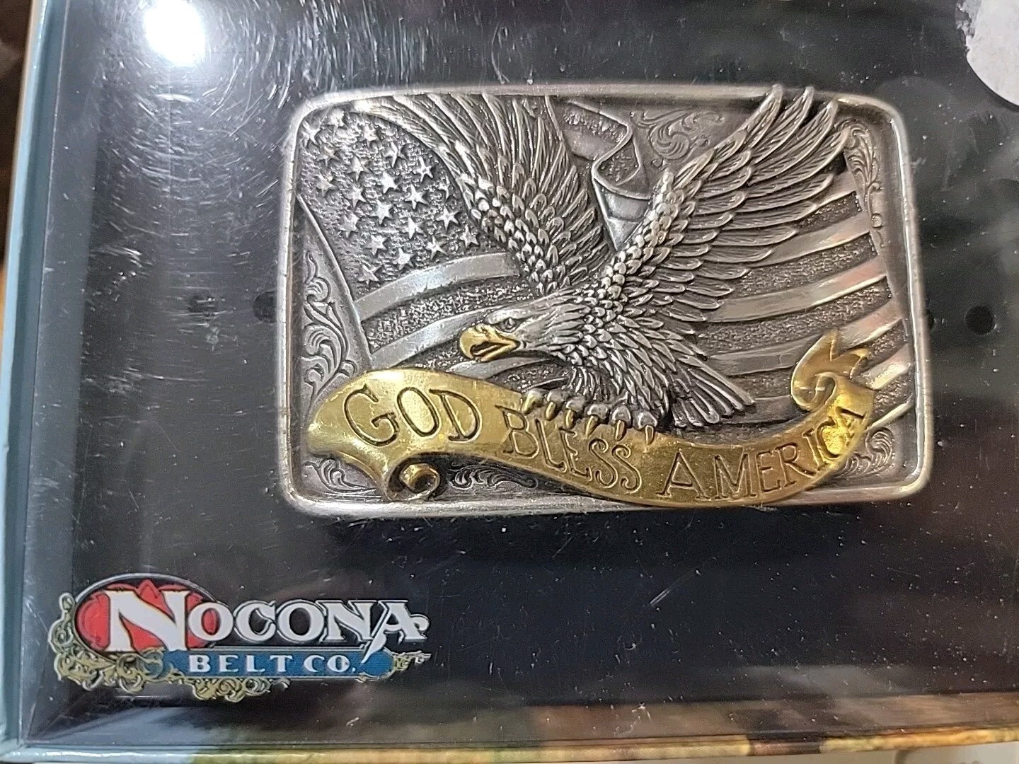 Nocona God Bless America Eagle Buckle In Box Western Patriotic Brass Silver