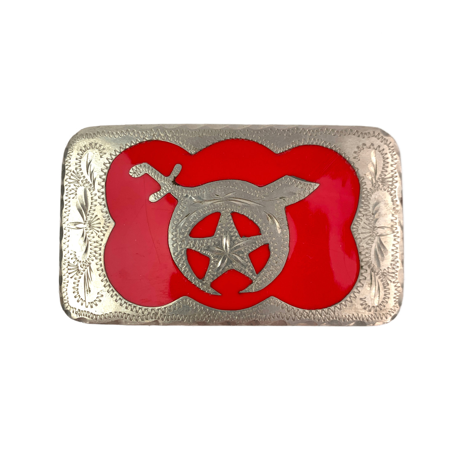 Shriner Masonic Western Flair Belt Buckle Red Silver Hand Engraved
