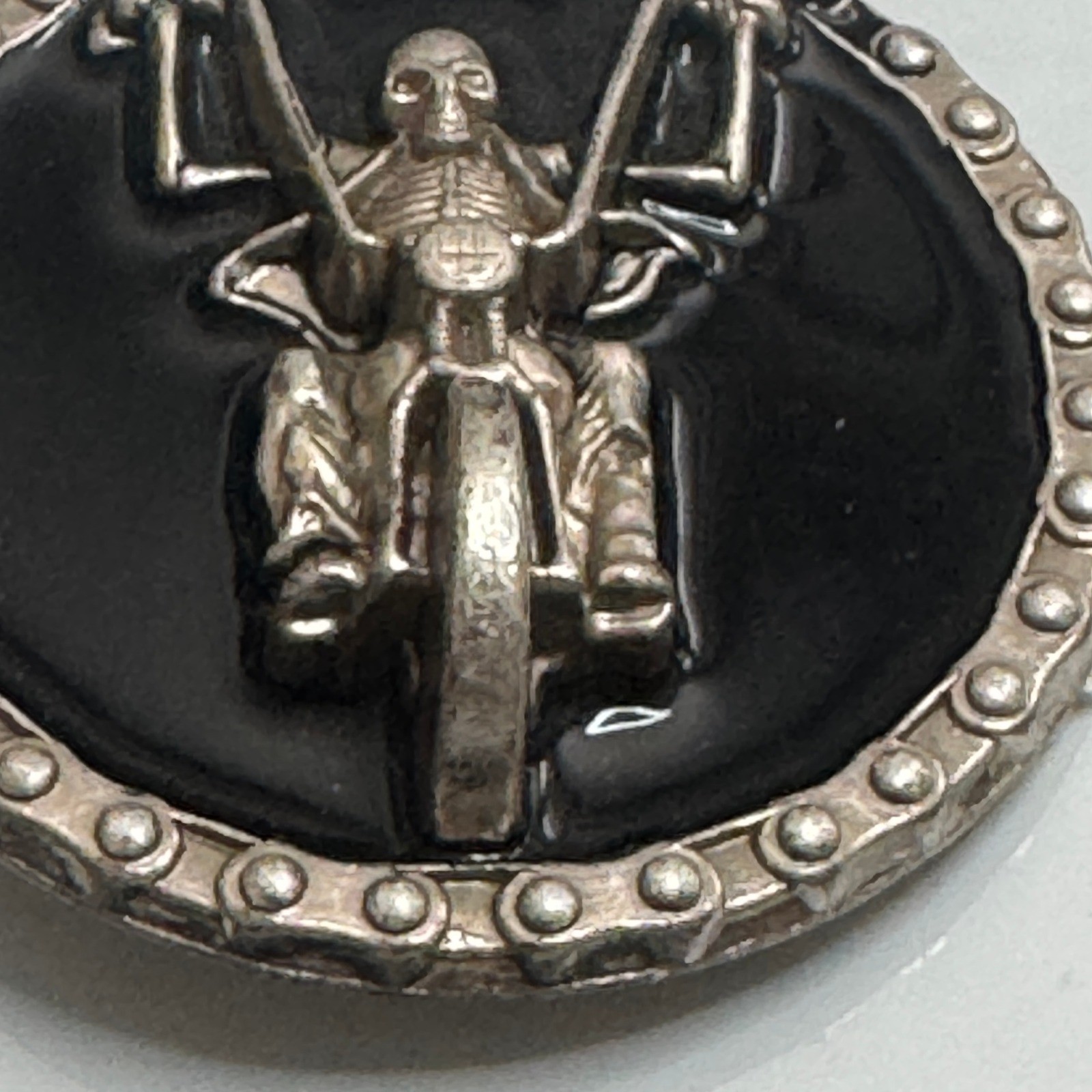 Skeleton Rider Motorcycle Belt Buckle Silver Tone Black Metal Round