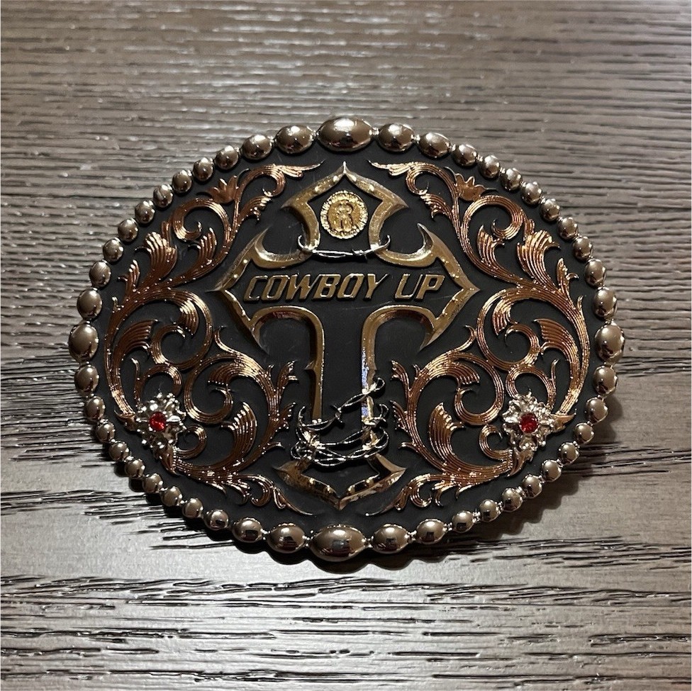 Men&rsquo;s « Cowboy Up » Oval Western Belt Buckle Floral Beaded Black/Gold/Copper