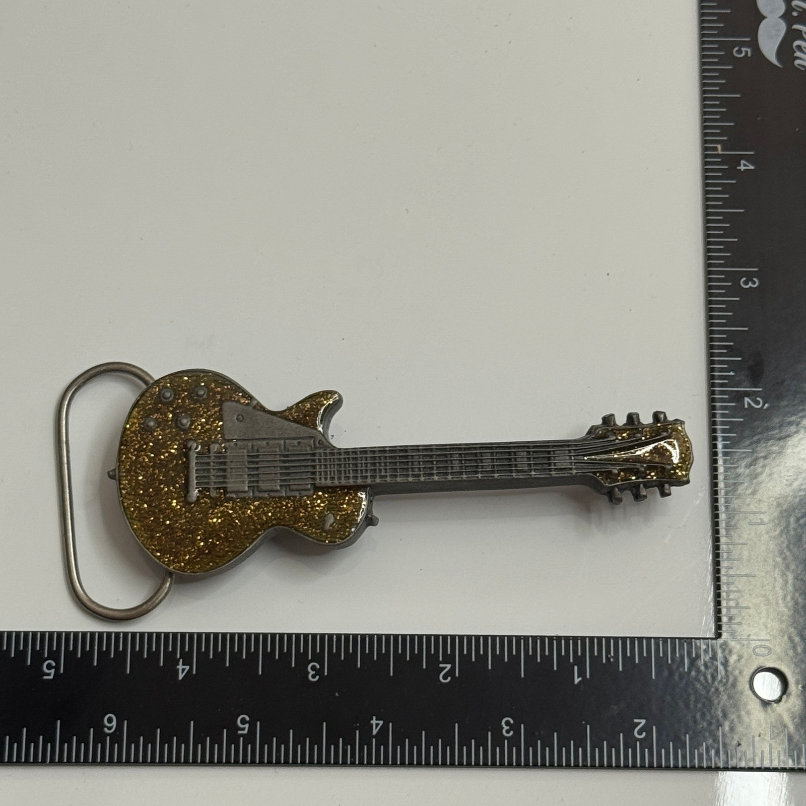 Bergamot Brass Works 1987 Guitar Belt Buckle Gold Glitter Made in USA