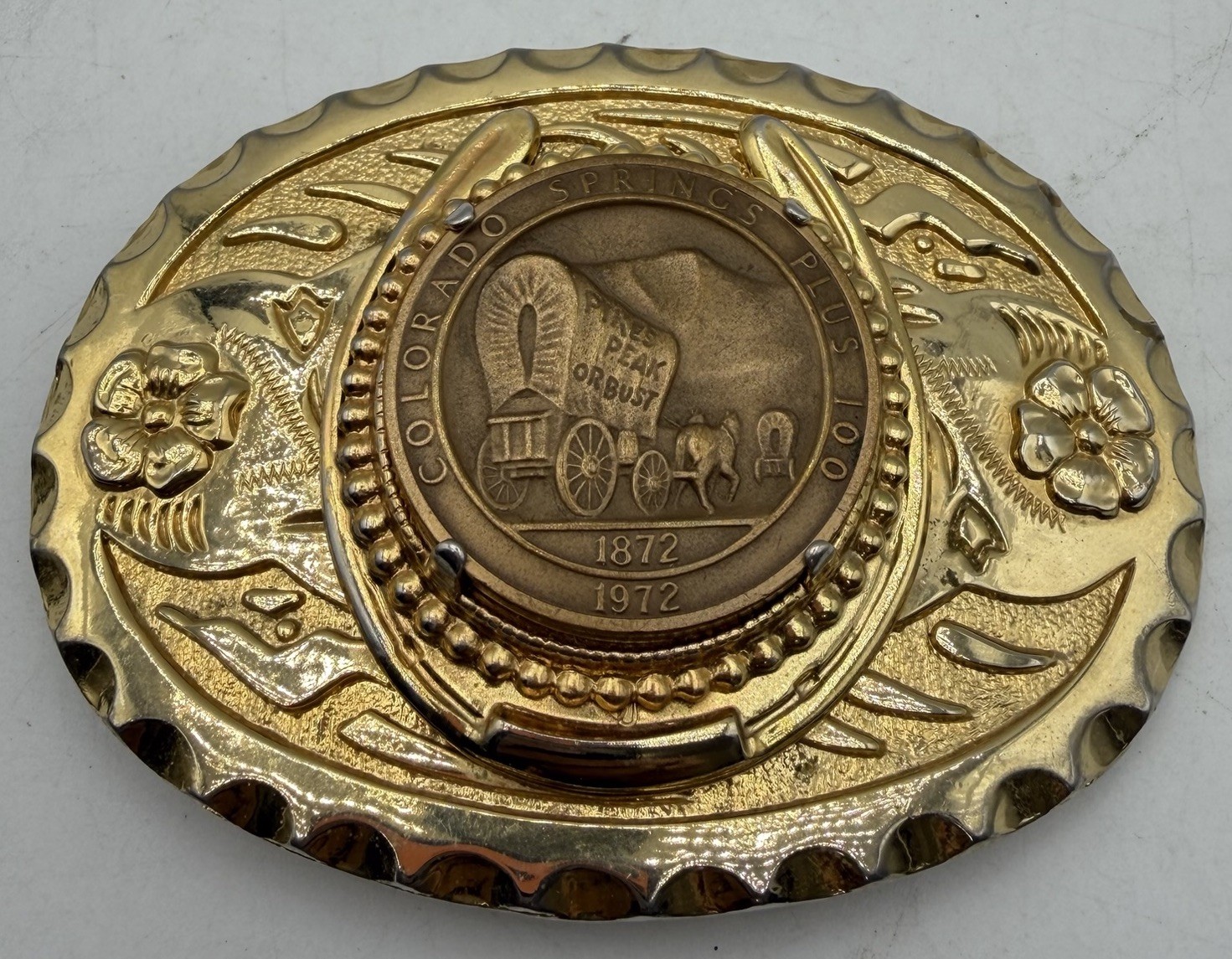 Colorado Springs Plus 100 Pikes Peak Or Bust Coin Belt Buckle Gold Tone