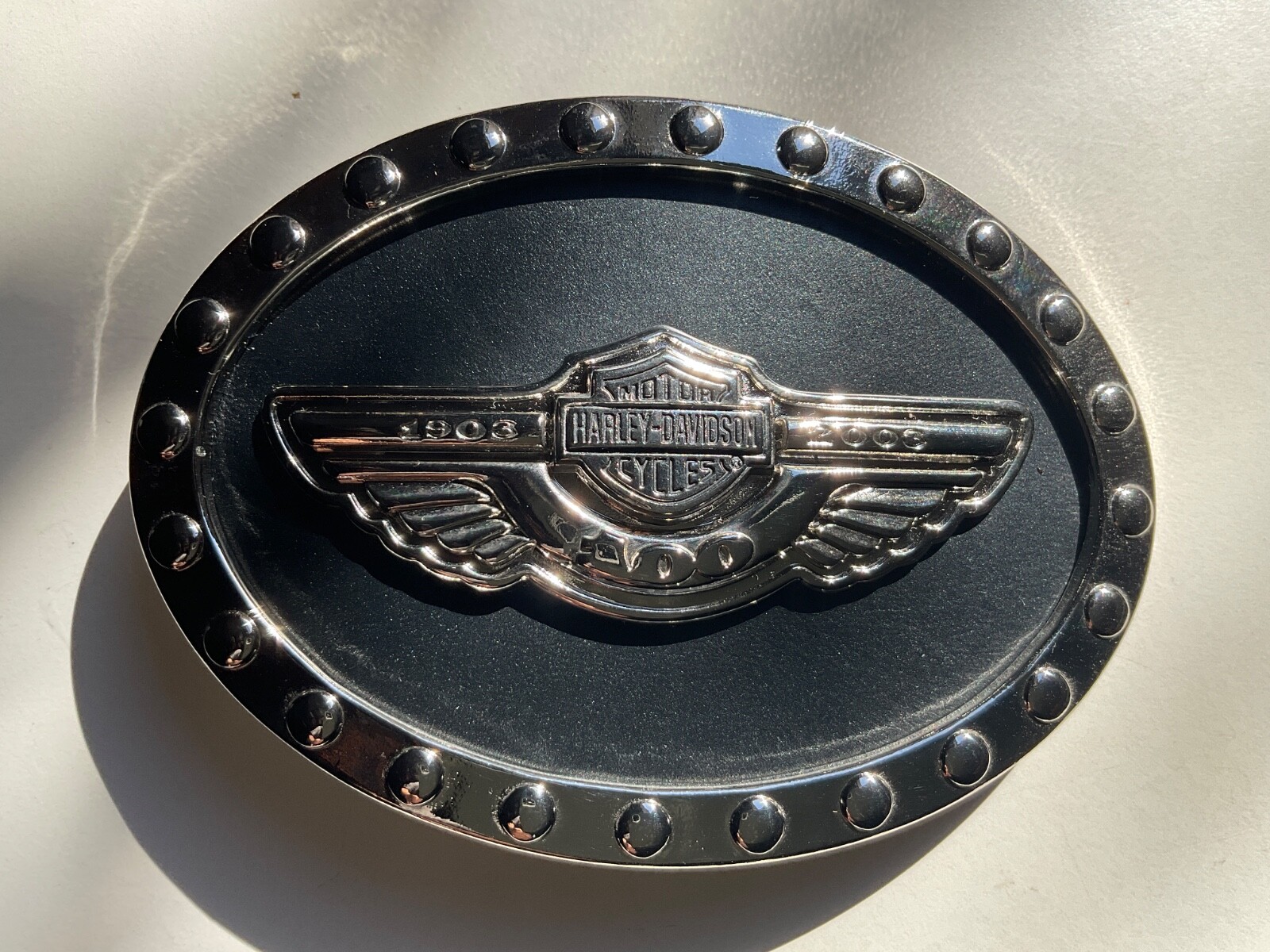 Harley-Davidson 100th Anniversary belt buckle.Bar&Shield w/wings.Chrome plated.