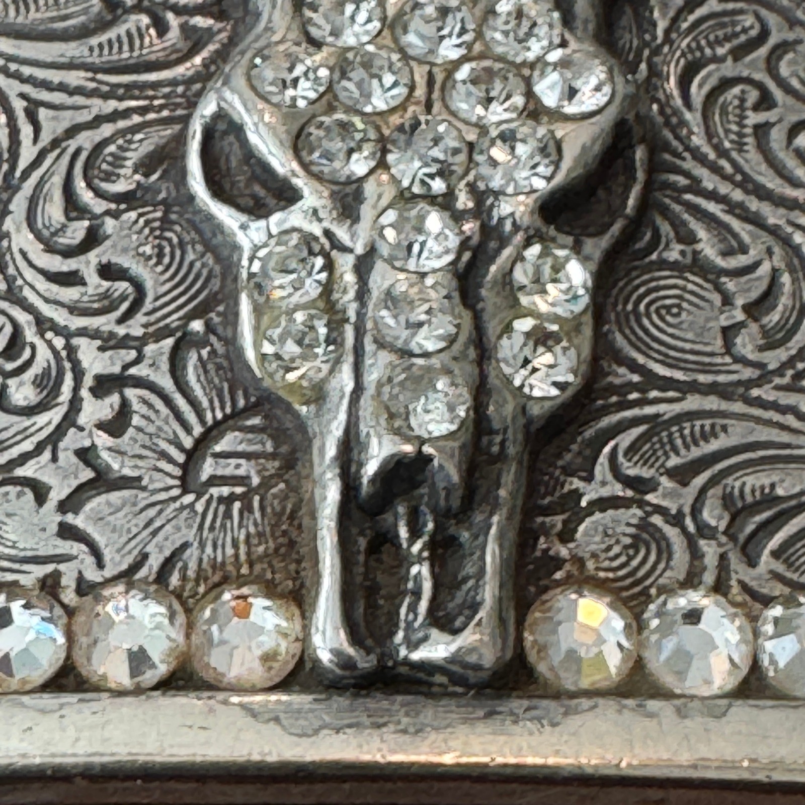 Western Longhorn Skull Belt Buckle Silver Engraved Floral Rhinestone Accents