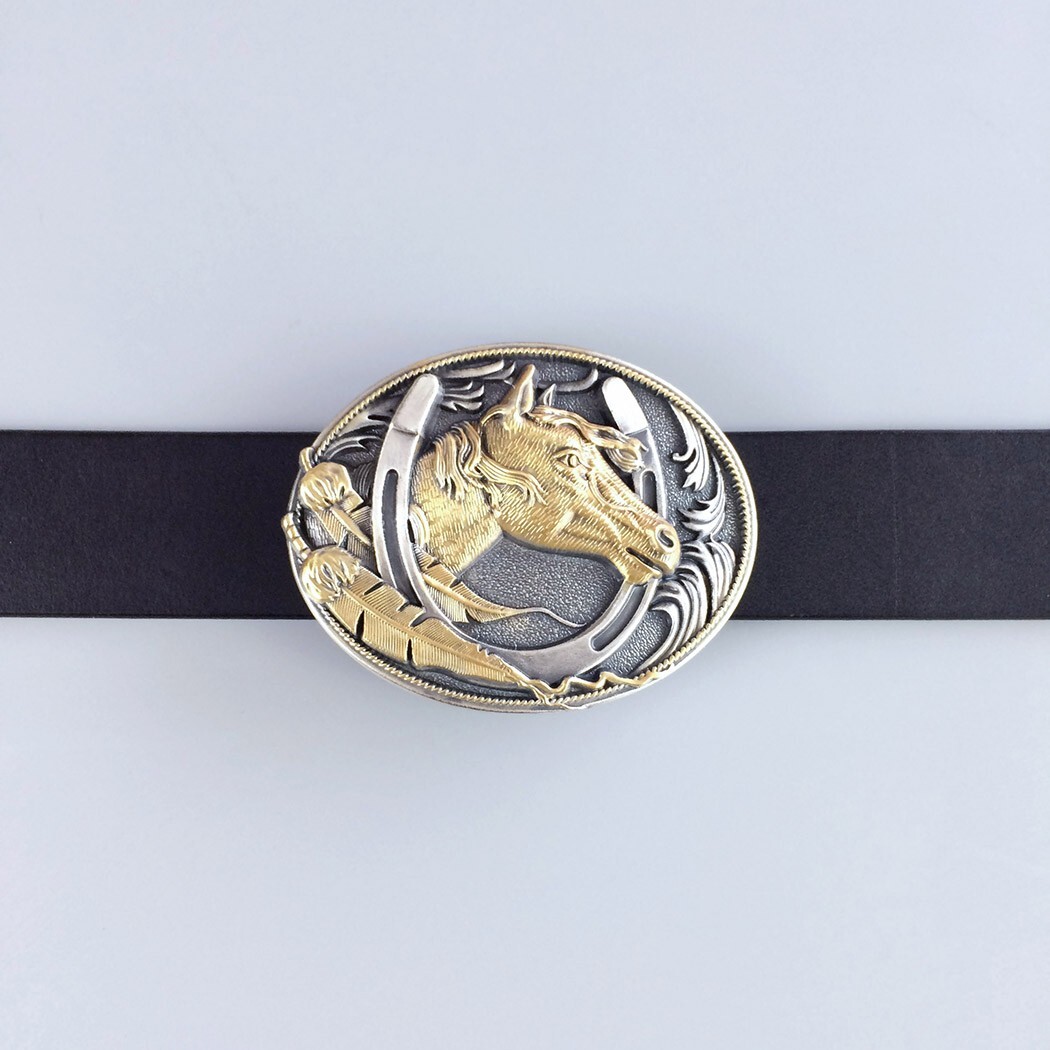 Vintage Style Two-Tone Silver Gold Plated Horse HorseShoe Oval Belt Buckle